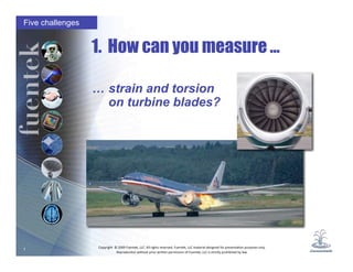 Five challenges


                  1. How can you measure …

                  … strain and torsion
                    on turbine blades?




                   Copyright  © 2009 Fuentek, LLC. All rights reserved. Fuentek, LLC material designed for presenta?on purposes only.
1
                               Reproduc?on without prior wriCen permission of Fuentek, LLC is strictly prohibited by law.
 