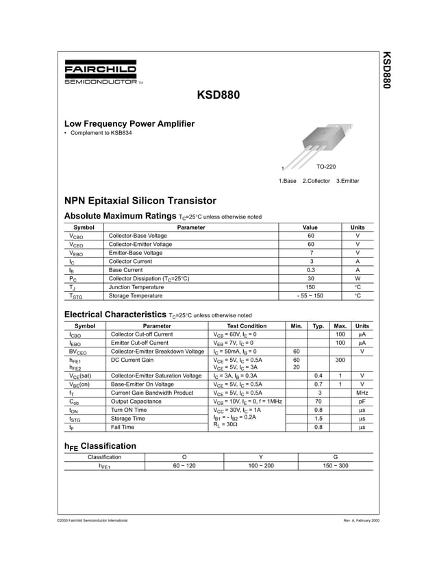 Original NPN Transistor D880-Y 880 KSD880YTU 3A 60V New Fairchild | PDF