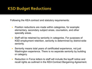 Grant funds, for specific purposes, that are allowed to be carried over from one year to the next. KSD Budget ReductionsReserve Category Explanations: Other items – ($650,000)