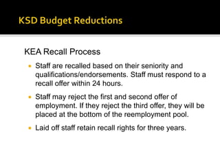 Specific allocations such as the $300,000 that was reserved this year for potential expenditures if flooding had occurred in the Kent valley. A similar amount will be allocated for the 2010-2011 school year for the same purpose.KSD Budget ReductionsFund Balance Reserves – as of 8/31/2009Total Ending Fund Balance:		$   22,648,337	Less Reserves:	Inventory    	  $ 303,994	Insurance	1,335,000 	Carryovers	       7,591,121	Other Items		650,000Total Reserves				$    9,880,115	Undesignated/Unreserved		Ending Fund Balance		$  12,768,222 