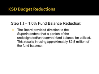 Human Resources will comply with the terms of the KEA contract to determine impact on staff.KSD Budget ReductionsStepII –Budget Reduction Priority List:Itemized list of reductions based on community input, board priorities, and budget reduction criteria as established by the KSD Board of Directors.KSD Budget ReductionsStep III – 1.0% Fund Balance Reduction:The Board provided direction to the Superintendent that a portion of the undesignated/unreserved fund balance be utilized. This results in using approximately $2.5 million of the fund balance.KSD Budget ReductionsExplanation of Fund BalanceFund balance is comprised of the following:Total ending fund balance from the previous year less the following designated reserves: Insurance    