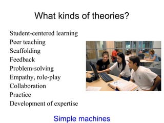 What kinds of theories?
Student-centered learning
Peer teaching
Scaffolding
Feedback
Problem-solving
Empathy, role-play
Collaboration
Practice
Development of expertise
Simple machines
 