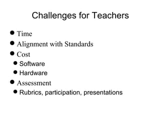 Challenges for Teachers
Time
Alignment with Standards
Cost
Software
Hardware
Assessment
Rubrics, participation, presentations
 