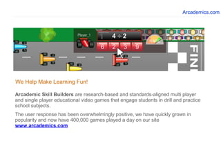 Arcademic Skill Builders are research-based and standards-aligned multi player
and single player educational video games that engage students in drill and practice
school subjects.
The user response has been overwhelmingly positive, we have quickly grown in
popularity and now have 400,000 games played a day on our site
www.arcademics.com
We Help Make Learning Fun!
Arcademics.com
 