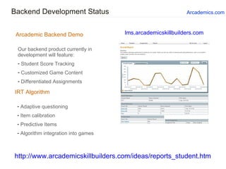 Backend Development Status
Our backend product currently in
development will feature:
- Student Score Tracking
- Customized Game Content
- Differentiated Assignments
Arcademic Backend Demo lms.arcademicskillbuilders.com
- Adaptive questioning
- Item calibration
- Predictive Items
- Algorithm integration into games
IRT Algorithm
Arcademics.com
http://www.arcademicskillbuilders.com/ideas/reports_student.htm
 