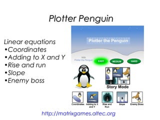 http://matrixgames.altec.org
Plotter PenguinPlotter Penguin
Linear equations
•Coordinates
•Adding to X and Y
•Rise and run
•Slope
•Enemy boss
 