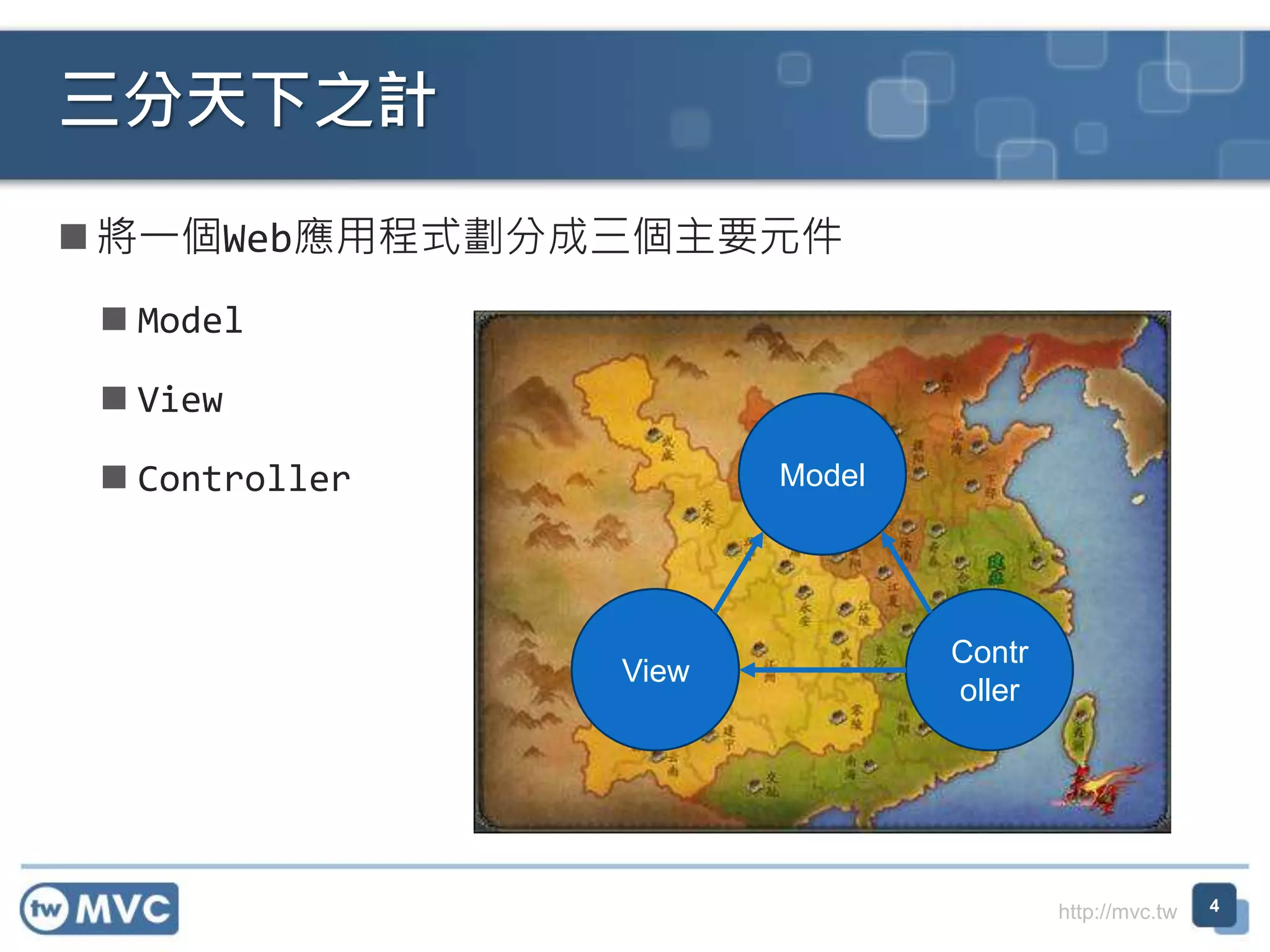 http://mvc.tw  將一個Web應用程式劃分成三個主要元件  Model  View  Controller 三分天下之計 4 Model Contr oller View 