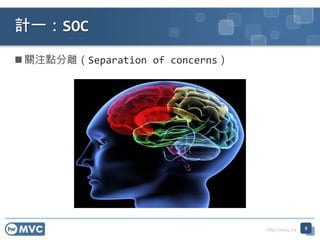 http://mvc.tw
 關注點分離（Separation of concerns）
計一：SOC
5
 