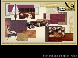 r e s t a u r a n t   p r o j e c t   r a z z Interior FinishesRazza. brazilian walnut flooring, b. wall coverings, d. inlaid wood veneer, e. bijou bedazzled tiles, f.upholstery fabrics, g. dining chair, h. lighting, i. burled walnut tables, j. ceiling panel