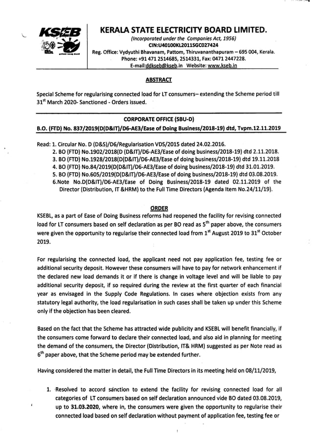 Kseb electric connection load regularising order Last date for giving