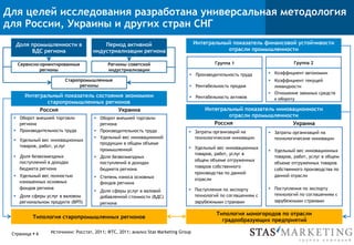 Для целей исследования разработана универсальная методология
для России, Украины и других стран СНГ
Страница § 6
Доля промышленности в
ВДС региона
Период активной
индустриализации региона
Интегральный показатель финансовой устойчивости
отрасли промышленности
Интегральный показатель инновационности
отрасли промышленности
Сервисно-ориентированные
регионы
Регионы советской
индустриализации
Интегральный показатель состояния экономики
старопромышленных регионов
Старопромышленные
регионы
Россия Украина
§  Оборот внешней торговли
региона
§  Производительность труда
§  Удельный вес инновационных
товаров, работ, услуг
§  Доля безвозмездных
поступлений в доходах
бюджета региона
§  Удельный вес полностью
изношенных основных
фондов региона
§  Доля сферы услуг в валовом
региональном продукте (ВРП)
§  Оборот внешней торговли
региона
§  Производительность труда
§  Удельный вес инновационной
продукции в общем объеме
промышленной
§  Доля безвозмездных
поступлений в доходах
бюджета региона
§  Степень износа основных
фондов региона
§  Доля сферы услуг в валовой
добавленной стоимости (ВДС)
региона
Группа 1
§  Производительность труда
§  Рентабельность продаж
§  Рентабельность активов
§  Затраты организаций на
технологические инновации
§  Удельный вес инновационных
товаров, работ, услуг в
общем объеме отгруженных
товаров собственного
производства по данной
отрасли
§  Поступления по экспорту
технологий по соглашениям с
зарубежными странами
Группа 2
§  Коэффициент автономии
§  Коэффициент текущей
ликвидности
§  Отношение заемных средств
к обороту
Россия Украина
§  Затраты организаций на
технологические инновации
§  Удельный вес инновационных
товаров, работ, услуг в общем
объеме отгруженных товаров
собственного производства по
данной отрасли
§  Поступления по экспорту
технологий по соглашениям с
зарубежными странами
Типология старопромышленных регионов
Типология моногородов по отрасли
градообразующих предприятий
Источники: Росстат, 2011; ФТС, 2011; анализ Stas Marketing Group
 