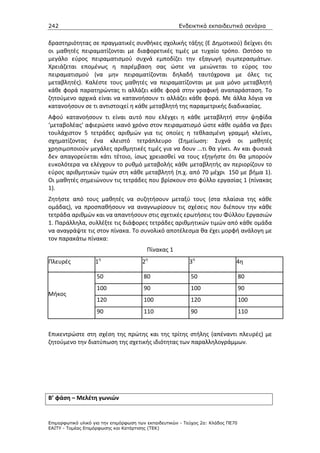 242                                                    Ενδεικτικά εκπαιδευτικά σενάρια


δραστηριότητας σε πραγματικές συνθήκες σχολικής τάξης (Ε Δημοτικού) δείχνει ότι
οι μαθητές πειραματίζονται με διαφορετικές τιμές με τυχαίο τρόπο. Ωστόσο το
μεγάλο εύρος πειραματισμού συχνά εμποδίζει την εξαγωγή συμπερασμάτων.
Χρειάζεται επομένως η παρέμβαση σας ώστε να μειώνεται το εύρος του
πειραματισμού (να μην πειραματίζονται δηλαδή ταυτόχρονα με όλες τις
μεταβλητές). Καλέστε τους μαθητές να πειραματίζονται με μια μόνο μεταβλητή
κάθε φορά παρατηρώντας τι αλλάζει κάθε φορά στην γραφική αναπαράσταση. Το
ζητούμενο αρχικά είναι να κατανοήσουν τι αλλάζει κάθε φορά. Με άλλα λόγια να
κατανοήσουν σε τι αντιστοιχεί η κάθε μεταβλητή της παραμετρικής διαδικασίας.
Αφού κατανοήσουν τι είναι αυτό που ελέγχει η κάθε μεταβλητή στην ψηφίδα
‘μεταβολέας’ αφιερώστε ικανό χρόνο στον πειραματισμό ώστε κάθε ομάδα να βρει
τουλάχιστον 5 τετράδες αριθμών για τις οποίες η τεθλασμένη γραμμή κλείνει,
σχηματίζοντας ένα κλειστό τετράπλευρο (Σημείωση: Συχνά οι μαθητές
χρησιμοποιούν μεγάλες αριθμητικές τιμές για να δουν ...τι θα γίνει. Αν και φυσικά
δεν απαγορεύεται κάτι τέτοιο, ίσως χρειασθεί να τους εξηγήστε ότι θα μπορούν
ευκολότερα να ελέγχουν το ρυθμό μεταβολής κάθε μεταβλητής αν περιορίζουν το
εύρος αριθμητικών τιμών στη κάθε μεταβλητή (π.χ. από 70 μέχρι 150 με βήμα 1).
Οι μαθητές σημειώνουν τις τετράδες που βρίσκουν στο φύλλο εργασίας 1 (πίνακας
1).
Ζητήστε από τους μαθητές να συζητήσουν μεταξύ τους (στα πλαίσια της κάθε
ομάδας), να προσπαθήσουν να αναγνωρίσουν τις σχέσεις που διέπουν την κάθε
τετράδα αριθμών και να απαντήσουν στις σχετικές ερωτήσεις του Φύλλου Εργασιών
1. Παράλληλα, συλλέξτε τις διάφορες τετράδες αριθμητικών τιμών από κάθε ομάδα
να αναγράψτε τις στον πίνακα. Το συνολικό αποτέλεσμα θα έχει μορφή ανάλογη με
τον παρακάτω πίνακα:
                                         Πίνακας 1
Πλευρές            1η                  2η                  3η                  4η

                    50                  80                  50                     80
                    100                 90                  100                    90
Μήκος
                    120                 100                 120                    100
                    90                  110                 90                     110


Επικεντρώστε στη σχέση της πρώτης και της τρίτης στήλης (απέναντι πλευρές) με
ζητούμενο την διατύπωση της σχετικής ιδιότητας των παραλληλογράμμων.




Β’ φάση – Μελέτη γωνιών


Επιµορφωτικό υλικό για την επιµόρφωση των εκπαιδευτικών - Τεύχος 2α: Κλάδος ΠΕ70
ΕΑΙΤΥ - Τοµέας Επιµόρφωσης και Κατάρτισης (ΤΕΚ)
 