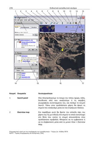 278                                                    Ενδεικτικά εκπαιδευτικά σενάρια




Κουμπί Ονομασία                        Λειτουργικότητα

1         Search panel                 Εδώ πληκτρολογούμε το όνομα του τόπου (χώρα, πόλη,
                                       διεύθυνση κλπ) που αναζητούμε ή τις ακριβείς
                                       γεωγραφικές συντεταγμένες του, και πατάμε το κουμπί
                                       Search. Πάνω στον τρισδιάστατο χάρτη θα φανεί το
                                       σημείο που αναζητάμε μέσα σε ένα τετράγωνο πλαίσιο.

2         Overview map                 Στο παράθυρο αυτό θα βρείτε την επίπεδη όψη του
                                       χάρτη της Γης με ένδειξη στο σημείο το οποίο αντιστοιχεί
                                       στη θέση που εκείνη τη στιγμή απεικονίζεται στον
                                       τρισδιάστατο προβολέα. Μπορείτε να το εμφανίσετε ή
                                       να το εξαφανίσετε μέσα από το μενού View > Overview
                                       Map.


Επιµορφωτικό υλικό για την επιµόρφωση των εκπαιδευτικών - Τεύχος 2α: Κλάδος ΠΕ70
ΕΑΙΤΥ - Τοµέας Επιµόρφωσης και Κατάρτισης (ΤΕΚ)
 