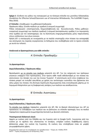 430                                                    Ενδεικτικά εκπαιδευτικά σενάρια



Σχήμα 1: Σύνδεση του ρόλου της νηπιαγωγού με τα τέσσερα επίπεδα του μοντέλου διδασκαλίας
(Guidelines for Effective School/Classroom use of Interactive Whiteboards, The EuSCRIBE Project,
May 2010).
Δ’ Επίπεδο: «Αναθεωρώ» τη μαθησιακή διαδικασία
Οργάνωση τάξης: Σύνολο παιδιών με ομαδική ή ατομική συμμετοχή
Ρόλος νηπιαγωγού: υποστηρικτικός, διαμεσολαβητικός και διευκολυντικός. Ρόλος μαθητών:
ενεργητική συμμετοχή των παιδιών ομαδικά ή ατομικά (αντιπρόσωπος ομάδας ή εκ περιτροπής
στην ομάδα) για τον αναστοχασμό, και τη διατύπωση επιχειρηματολογίας μέσω παρουσίασης
στους υπόλοιπους των νέων εννοιών.
Χρήση ΔΠ: η νηπιαγωγός σε συνεργασία με τα παιδιά υποστηρίζει στον πίνακα την καταγραφή
και αποτίμηση της πορείας συγκρίνοντας τα δεδομένα που συλλέχθηκαν από το πρώτο επίπεδο
με αυτά του τελικού.


Αναλυτικά οι δραστηριότητες για κάθε επίπεδο:

                             Α’ Επίπεδο: Προσδιορίζω


1η Δραστηριότητα

Δομή διδασκαλίας / Οργάνωση τάξης:

Βρισκόμαστε με το σύνολο των παιδιών μπροστά στο ΔΠ. Για την ανίχνευση των πρότερων
γνώσεων υπάρχουν δύο προσεγγίσεις. Στην πρώτη κάθε παιδί αλληλεπιδρά με τον πίνακα και
αποτυπώνει την άποψη του για την έννοια ‘Ευρώπη’. Η αποτύπωση αυτή στην επιφάνεια του
πίνακα μπορεί να τυπωθεί απευθείας με χρήση του αντίστοιχου εικονιδίου που βρίσκεται στο
κάτω μέρος του πίνακα. Στη δεύτερη περίπτωση δημιουργείται ένας εννοιολογικός χάρτης με το
λογισμικό Kidspiration για τις διαφορετικές απόψεις των παιδιών και αποθηκεύεται.


                             Β’ Επίπεδο: Αναπτύσσω

1η Δραστηριότητα

Δομή διδασκαλίας / Οργάνωση τάξης:
Το σύνολο των παιδιών παραμένει μπροστά στο ΔΠ. Με το βασικό πλεονέκτημα του ΔΠ να
προσελκύει το ενδιαφέρον των παιδιών και να βελτιώνει το επίπεδο προσοχής τους τα παιδιά
παραμένουν οργανωμένα συμμετέχοντας λεκτικά ή με φυσική υπόσταση.

Υποστηρικτικό διδακτικό υλικό:
Αρχείο με εικόνες από την Ελλάδα και την Ευρώπη από το Google Earth. Ξεκινώντας από την
εικόνα με το σχολείο που υλοποιείται το σενάριο, υπήρξαν εικόνες διαβάθμισης ύψους
φτάνοντας μέχρι την εικόνα της Ευρώπης. Οι εικόνες που επιλέχθηκαν είναι σε μορφή
γεωμορφολογικού χάρτη.
Επιµορφωτικό υλικό για την επιµόρφωση των εκπαιδευτικών - Τεύχος 2α: Κλάδος ΠΕ70
ΕΑΙΤΥ - Τοµέας Επιµόρφωσης και Κατάρτισης (ΤΕΚ)
 