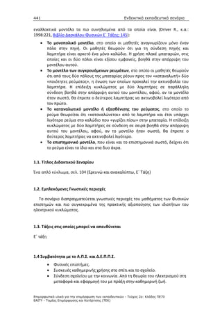441                                                    Ενδεικτικά εκπαιδευτικά σενάρια


εναλλακτικά μοντέλα τα πιο συνηθισμένα από τα οποία είναι (Driver R., κ.α.:
1998:221, Βιβλίο Δασκάλου Φυσικών Ε΄ Τάξης: 145):
    •     Το μονοπολικό μοντέλο, στο οποίο οι μαθητές αναγνωρίζουν μόνο έναν
          πόλο στην πηγή. Οι μαθητές θεωρούν ότι για τη σύνδεση πηγής και
          λαμπτήρα είναι αρκετό ένα μόνο καλώδιο. Η χρήση πλακέ μπαταριών, στις
          οποίες και οι δύο πόλοι είναι εξίσου εμφανείς, βοηθά στην απόρριψη του
          μοντέλου αυτού.
    •     Το μοντέλο των συγκρουόμενων ρευμάτων, στο οποίο οι μαθητές θεωρούν
          ότι από τους δύο πόλους της μπαταρίας ρέουν προς τον «καταναλωτή» δύο
          «ποιότητες ρεύματος», η ένωση των οποίων προκαλεί την ακτινοβολία του
          λαμπτήρα. Η επίδειξη κυκλώματος με δύο λαμπτήρες σε παράλληλη
          σύνδεση βοηθά στην απόρριψη αυτού του μοντέλου, αφού, αν το μοντέλο
          ήταν σωστό, θα έπρεπε ο δεύτερος λαμπτήρας να ακτινοβολεί λιγότερο από
          τον πρώτο.
    •     Το καταναλωτικό μοντέλο ή εξασθένισης του ρεύματος, στο οποίο το
          ρεύμα θεωρείται ότι «καταναλώνεται» από το λαμπτήρα και έτσι υπάρχει
          λιγότερο ρεύμα στο καλώδιο που «γυρίζει πίσω» στην μπαταρία. Η επίδειξη
          κυκλώματος με δύο λαμπτήρες σε σύνδεση σε σειρά βοηθά στην απόρριψη
          αυτού του μοντέλου, αφού, αν το μοντέλο ήταν σωστό, θα έπρεπε ο
          δεύτερος λαμπτήρας να ακτινοβολεί λιγότερο.
    •     Το επιστημονικό μοντέλο, που είναι και το επιστημονικά σωστό, δείχνει ότι
          το ρεύμα είναι το ίδιο και στα δυο άκρα.


1.1. Τίτλος Διδακτικού Σεναρίου

Ένα απλό κύκλωμα, σελ. 104 (Ερευνώ και ανακαλύπτω, Ε΄ Τάξη)


1.2. Εμπλεκόμενες Γνωστικές περιοχές

   Το σενάριο διαπραγματεύεται γνωστικές περιοχές του μαθήματος των Φυσικών
επιστημών και πιο συγκεκριμένα της πρακτικής αξιοποίησης των ιδιοτήτων του
ηλεκτρικού κυκλώματος.


1.3. Τάξεις στις οποίες μπορεί να απευθύνεται

Ε΄ τάξη



1.4 Συμβατότητα με το Α.Π.Σ. και Δ.Ε.Π.Π.Σ.
          •   Φυσικές επιστήμες.
          •   Συσκευές καθημερινής χρήσης στο σπίτι και το σχολείο.
          •   Σύνδεση σχολείου με την κοινωνία. Από τη θεωρία του ηλεκτρισμού στη
              μεταφορά και εφαρμογή του με πράξη στην καθημερινή ζωή.


Επιµορφωτικό υλικό για την επιµόρφωση των εκπαιδευτικών - Τεύχος 2α: Κλάδος ΠΕ70
ΕΑΙΤΥ - Τοµέας Επιµόρφωσης και Κατάρτισης (ΤΕΚ)
 
