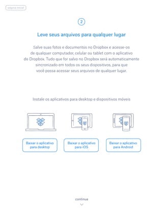 Salve suas fotos e documentos no Dropbox e acesse-os
de qualquer computador, celular ou tablet com o aplicativo
do Dropbox. Tudo que for salvo no Dropbox será automaticamente
sincronizado em todos os seus dispositivos, para que
você possa acessar seus arquivos de qualquer lugar.
Leve seus arquivos para qualquer lugar
2
Baixar o aplicativo
para desktop
Baixar o aplicativo
para iOS
Baixar o aplicativo
para Android
continua
Instale os aplicativos para desktop e dispositivos móveis
página inicial
 