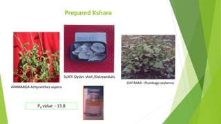 Prepared Kshara
PH value - 13.8
APAMARGA Achyranthes aspera
CHITRAKA –Plumbago zeylanica
SUKTI Oyster shell /Ostreaedulis
 