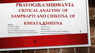 PRAYOGIKA SIDDHANTA
PRESENTER
DR. SHRUTHI PANAMBUR
FINAL YEAR PG SCHOLAR
DEPT OF PG STUDIES IN AYURVEDA SAMHITA AND SIDDHANTA
SRI SRI COLLEGE OF AYURVEDIC SCIENCE & RESEARCH HOSPITAL
GUIDED BY
DR. SRI NAGESH K.A
PROFESSOR & HOD
DEPT OF PG STUDIES IN AYURVEDA SAMHITA AND SIDDHANTA
SRI SRI COLLEGE OF AYURVEDIC SCIENCE & RESEARCH HOSPITAL
CRITICAL ANALYSIS OF
SAMPRAPTI AND CHIKITSA OF
KSHATA KSHEENA
 