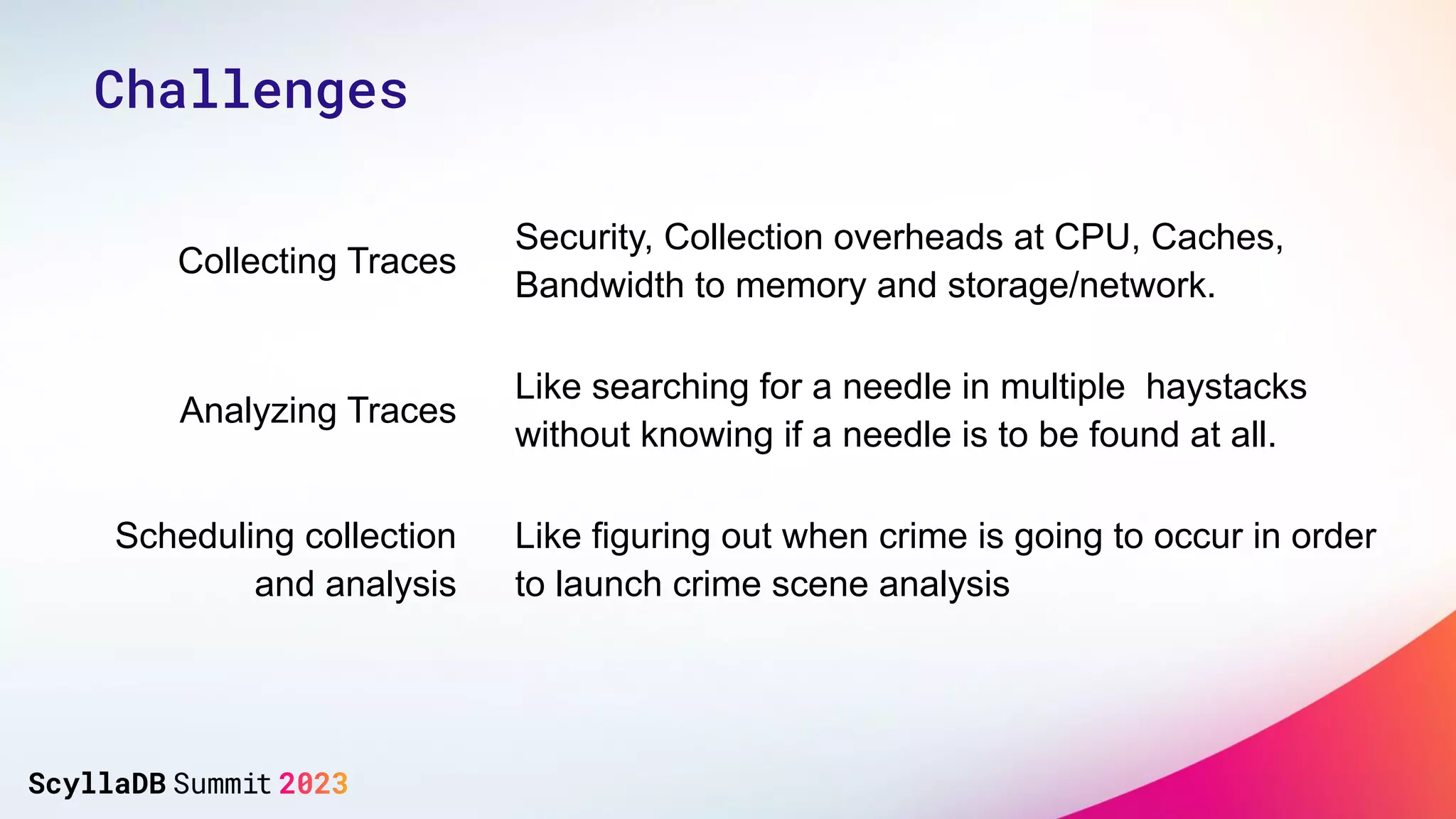 Collecting Traces
Security, Collection overheads at CPU, Caches,
Bandwidth to memory and storage/network.
Analyzing Traces
Like searching for a needle in multiple haystacks
without knowing if a needle is to be found at all.
Scheduling collection
and analysis
Like figuring out when crime is going to occur in order
to launch crime scene analysis
Challenges
 