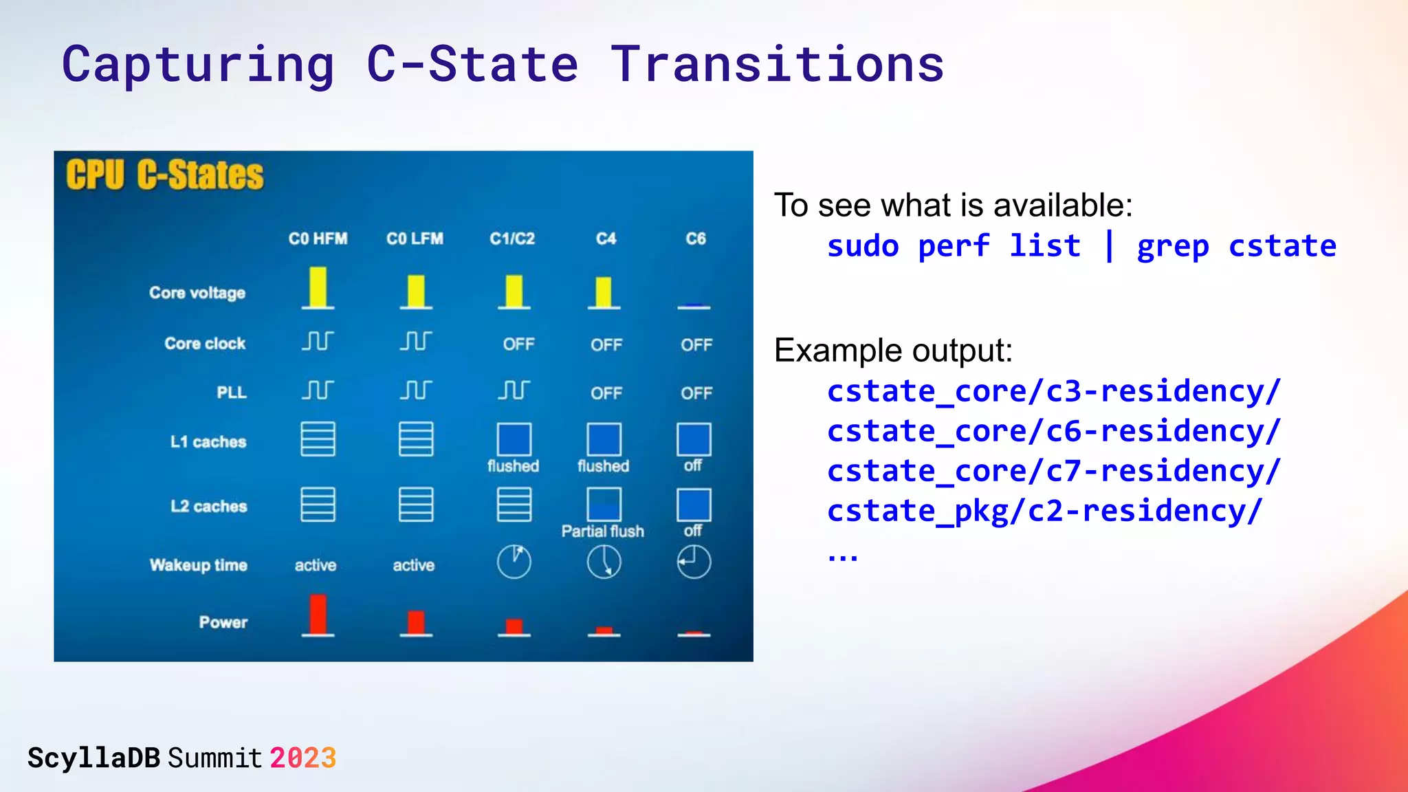To see what is available:
sudo perf list | grep cstate
Example output:
cstate_core/c3-residency/
cstate_core/c6-residency/
cstate_core/c7-residency/
cstate_pkg/c2-residency/
…
Capturing C-State Transitions
 