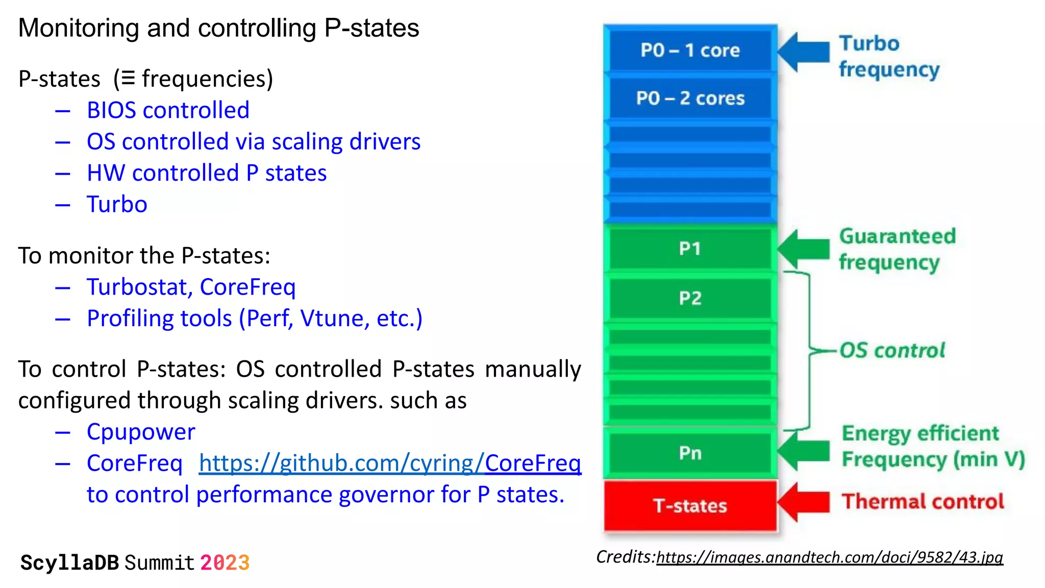 P-states (≡ frequencies)
‒ BIOS controlled
‒ OS controlled via scaling drivers
‒ HW controlled P states
‒ Turbo
Monitoring and controlling P-states
Credits:https://images.anandtech.com/doci/9582/43.jpg
To monitor the P-states:
‒ Turbostat, CoreFreq
‒ Profiling tools (Perf, Vtune, etc.)
To control P-states: OS controlled P-states manually
configured through scaling drivers. such as
‒ Cpupower
‒ CoreFreq https://github.com/cyring/CoreFreq
to control performance governor for P states.
 