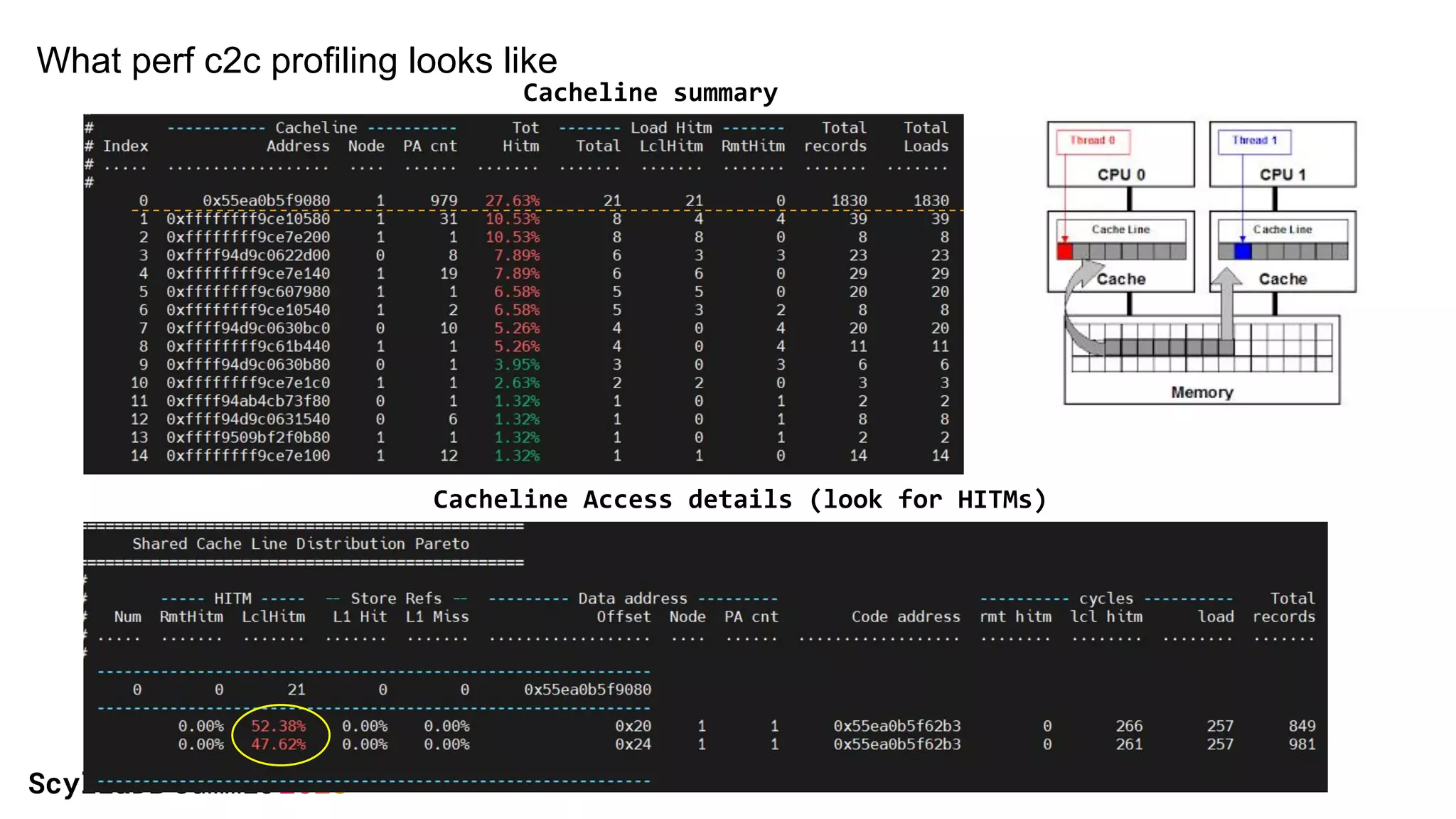 Cacheline summary
Cacheline Access details (look for HITMs)
What perf c2c profiling looks like
 