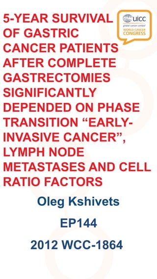 5-YEAR SURVIVAL
OF GASTRIC
CANCER PATIENTS
AFTER COMPLETE
GASTRECTOMIES
SIGNIFICANTLY
DEPENDED ON PHASE
TRANSITION “EARLY-
INVASIVE CANCER”,
LYMPH NODE
METASTASES AND CELL
RATIO FACTORS
    Oleg Kshivets
       EP144
   2012 WCC-1864
 