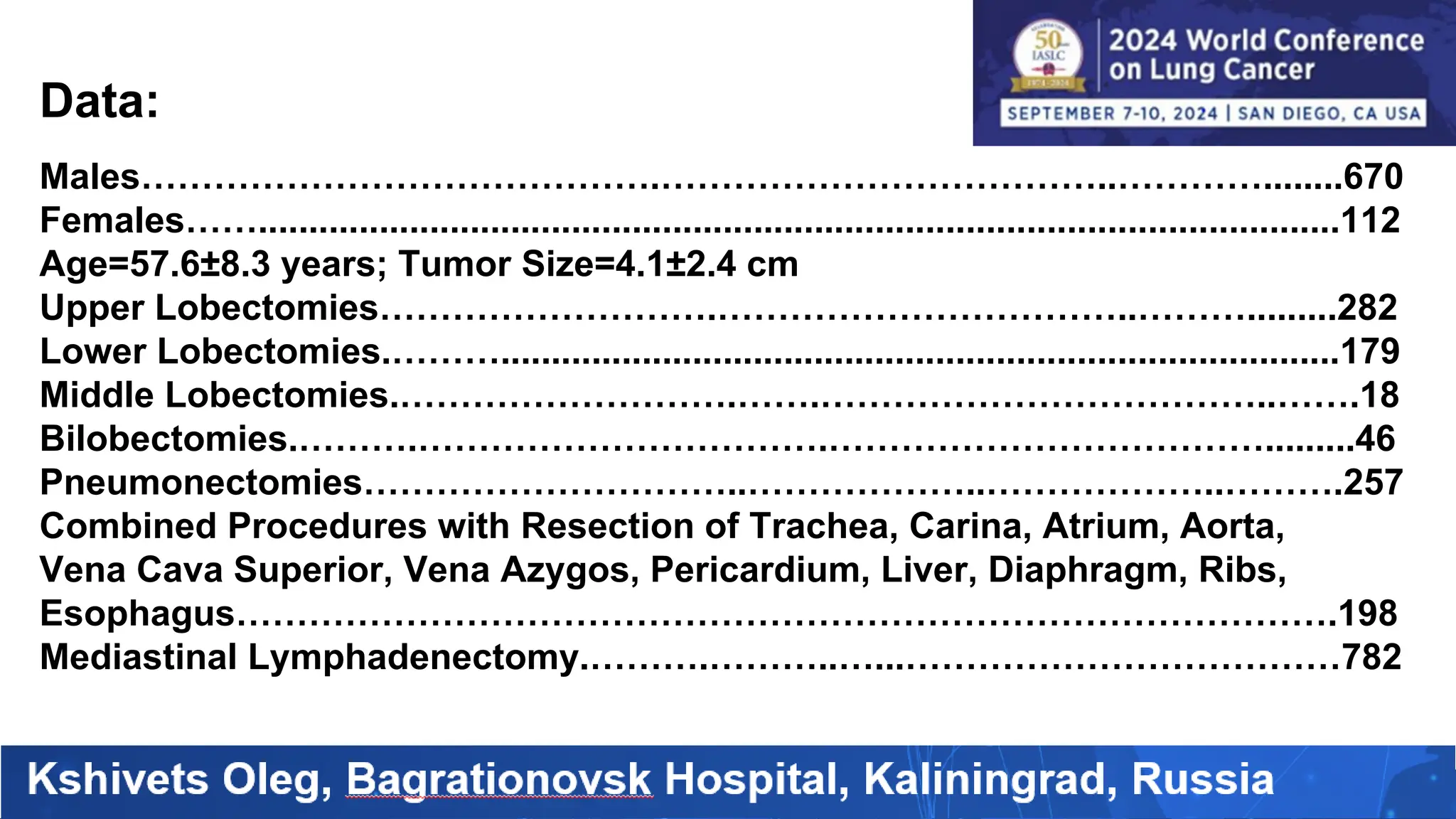 Data:
Males…………………………………….………………………………..…………........670
Females……...........................................................................................................112
Age=57.6±8.3 years; Tumor Size=4.1±2.4 cm
Upper Lobectomies……………………….……………………………..……….........282
Lower Lobectomies.………...................................................................................179
Middle Lobectomies.……………………….…….………………………………..…….18
Bilobectomies.……….…………………………….……………………………….........46
Pneumonectomies…………………………..………………..………………..……….257
Combined Procedures with Resection of Trachea, Carina, Atrium, Aorta,
Vena Cava Superior, Vena Azygos, Pericardium, Liver, Diaphragm, Ribs,
Esophagus……………………………………………………………………………….198
Mediastinal Lymphadenectomy.……….………..…...………………………………782
 