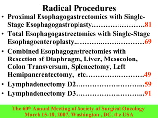 Radical Procedures <ul><li>Proximal Esophagogastrectomies with Single-Stage Esophagogastroplasty.…………………. 81 </li></ul><ul...