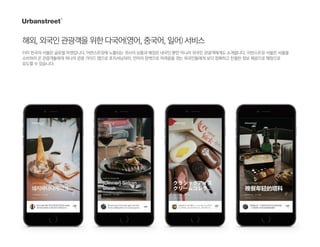 해외,외국인관광객을위한다국어(영어,중국어,일어)서비스
이미 한국의 서울은 글로벌 마켓입니다. 어번스트릿에 노출되는 귀사의 상품과 매장은 내국인 뿐만 아니라 외국인 관광객에게도 소개됩니다. 어번스트릿 서울은 서울을
소비하러 온 관광객들에게 하나의 관광 가이드 앱으로 포지셔닝되어, 언어의 장벽으로 어려움을 겪는 외국인들에게 보다 정확하고 친절한 정보 제공으로 매장으로
유도할 수 있습니다.
 