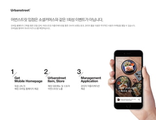 매장 대표메뉴 및 스토어
어번스트릿 노출
Urbanstreet
Item, Store
21
독립 URL의
매장 모바일 홈페이지 제공
Get
Mobile Homepage
관리자 어플리케이션
제공
Management
Application
3
어번스트릿입점은소셜커머스와같은1회성이벤트가아닙니다.
모바일 홈페이지 구축을 통한 포털 검색, 어번스트릿 어플리케이션을 통한 귀사의 브랜딩 효과, 관리자 툴을 이용한 적극적인 사용자 마케팅을 펼칠 수 있습니다.
모바일을 통하여 귀사의 비즈니스를 확장하십시오.
 
