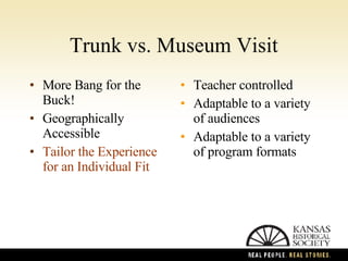 Trunk vs. Museum Visit More Bang for the Buck! Geographically Accessible Tailor the Experience  for an Individual Fit Teacher controlled Adaptable to a variety of audiences Adaptable to a variety of program formats 