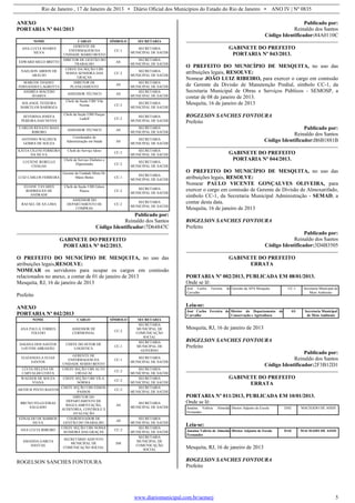 Rio de Janeiro , 17 de Janeiro de 2013 • Diário Oficial dos Municípios do Estado do Rio de Janeiro • ANO IV | Nº 0835
www.diariomunicipal.com.br/aemerj 5
ANEXO
PORTARIA Nº 041/2013
NOME CARGO SÍMBOLO SECRETARIA
ANA LUCIA SOARES
SILVA
GERENTE DE
ENFERMAGEM DA
UNIDADE MÁRIO BENTO
CC-1
SECRETARIA
MUNICIPAL DE SAÚDE
EDWARD MELO BRITTO
DIRETOR DE GESTÃO DO
TRABALHO
AS
SECRETARIA
MUNICIPAL DE SAÚDE
NAELSON ABDON DE
ARAUJO
CHEFE DA SEÇÃO UBS
NOSSA SENHORA DAS
GRAÇAS
CC-2
SECRETARIA
MUNICIPAL DE SAÚDE
MARCOS THADEU
FERNANDES LAGROTTA
DIRETOR DE
PLANEJAMENTO
AS
SECRETARIA
MUNICIPAL DE SAÚDE
ANDRÉA MACEDO
SOARES
ASSESSOR TÉCNICO AS
SECRETARIA
MUNICIPAL DE SAÚDE
SOLANGE TEIXEIRA
BARCELOS BARBOZA
Chefe da Seção UBS Vila
Norma CC-2
SECRETARIA
MUNICIPAL DE SAÚDE
SEVERINA JOSEFA
PEREIRA DAS NEVES
Chefe da Seção UBS Parque
Ludolf CC-2
SECRETARIA
MUNICIPAL DE SAÚDE
CARLOS RENATO MAIA
RIBEIRO
ASSESSOR TÉCNICO AS
SECRETARIA
MUNICIPAL DE SAÚDE
ANTONIO WALDECK
GOMES DE SOUZA
Coordenador de
Administração em Saúde AS
SECRETARIA
MUNICIPAL DE SAÚDE
KÁTIA CILENI FERREIRA
DA SILVA
Chefe do Serviço Idoso
CC-2
SECRETARIA
MUNICIPAL DE SAÚDE
LUCIENE REBELLO
CHAGAS
Chefe de Serviço Diabetes e
Hipertensão CC-2
SECRETARIA
MUNICIPAL DE SAÚDE
LUIZ CARLOS FERREIRA
Gerente da Unidade Mista Dr.
Mário Bento CC-1
SECRETARIA
MUNICIPAL DE SAÚDE
ELIANE TAVARES
RODRIGUES DE
ANDRADE
Chefe da Seção UBS Edson
Passos CC-2
SECRETARIA
MUNICIPAL DE SAÚDE
RAFAEL DE SÁ LIMA
ASSESSOR DO
DEPARTAMENTO DE
COMPRAS
CC-2
SECRETARIA
MUNICIPAL DE SAÚDE
Publicado por:
Reinaldo dos Santos
Código Identificador:7D64847C
GABINETE DO PREFEITO
PORTARIA Nº 042/2013.
O PREFEITO DO MUNICÍPIO DE MESQUITA, no uso das
atribuições legais,RESOLVE:
NOMEAR os servidores para ocupar os cargos em comissão
relacionados no anexo, a contar de 01 de janeiro de 2013
Mesquita, RJ, 16 de janeiro de 2013
Prefeito
ANEXO
PORTARIA Nº 042/2013
NOME CARGO SÍMBOLO SECRETARIA
ANA PAULA TORRES
TOLEDO
ASSESSOR DE
CERIMONIAL
CC-2
SECRETARIA
MUNICIPAL DE
COMUNICAÇÃO
SOCIAL
DAIANA DOS SANTOS
LOUVISI ABRAHÃO
CHEFE DO SETOR DE
LOGISTICA
CC-1
SECRETARIA
MUNICIPAL DE
GOVERNO
ELIZANGELA ELIAS
SANTOS
GERENTE DE
ENFERMAGEM DA
UNIDADE MÁRIO BENTO
CC-1
SECRETARIA
MUNICIPAL DE SAÚDE
LÚCIA HELENA DE
CARVALHO COSTA
CHEFE SEÇÃO UBS ALTO
URUGUAI
CC-2
SECRETARIA
MUNICIPAL DE SAÚDE
WAGNER DE SOUZA
VIANA
CHEFE SEÇÃO UBS VILA
NORMA
CC-2
SECRETARIA
MUNICIPAL DE SAÚDE
ARTHUR PINTO BASTOS
CHEFE SEÇÃO UBS EDSON
PASSOS
CC-2
SECRETARIA
MUNICIPAL DE SAÚDE
BRUNO FELGUEIRAS
SALGADO
DIRETOR DO
DEPARTAMENTO DE
REGULAMENTAÇÃO,
AUDITORIA, CONTROLE E
AVALIAÇÃO
AS
SECRETARIA
MUNICIPAL DE SAÚDE
EDNALDO DE BARROS
SILVA
COORDENADOR DE
GESTÃO DO TRABALHO
AS
SECRETARIA
MUNICIPAL DE SAÚDE
ANA LÚCIA RIBEIRO
CHEFE SEÇÃO UBS NOSSA
SENHORA DAS GRAÇAS
CC-2
SECRETARIA
MUNICIPAL DE SAÚDE
AMANDA GARCIA
DANTAS
SECRETÁRIO ADJUNTO
MUNICIPAL DE
COMUNICAÇÃO SOCIAL
SM
SECRETARIA
MUNICIPAL DE
COMUNICAÇÃO
SOCIAL
ROGELSON SANCHES FONTOURA
Publicado por:
Reinaldo dos Santos
Código Identificador:84A0110C
GABINETE DO PREFEITO
PORTARIA Nº 043/2013.
O PREFEITO DO MUNICÍPIO DE MESQUITA, no uso das
atribuições legais, RESOLVE:
Nomear JOÃO LUIZ RIBEIRO, para exercer o cargo em comissão
de Gerente da Divisão de Manutenção Predial, símbolo CC-1, da
Secretaria Municipal de Obras e Serviços Públicos - SEMOSP, a
contar de 08 de janeiro de 2013.
Mesquita, 16 de janeiro de 2013
ROGELSON SANCHES FONTOURA
Prefeito
Publicado por:
Reinaldo dos Santos
Código Identificador:B6B1881B
GABINETE DO PREFEITO
PORTARIA Nº 044/2013.
O PREFEITO DO MUNICÍPIO DE MESQUITA, no uso das
atribuições legais, RESOLVE:
Nomear PAULO VICENTE GONÇALVES OLIVEIRA, para
exercer o cargo em comissão de Gerente de Divisão de Almoxarifado,
símbolo CC-1, da Secretaria Municipal Administração - SEMAD, a
contar desta data.
Mesquita, 16 de janeiro de 2013
ROGELSON SANCHES FONTOURA
Prefeito
Publicado por:
Reinaldo dos Santos
Código Identificador:3D4B3505
GABINETE DO PREFEITO
ERRATA
PORTARIA Nº 002/2013, PUBLICADA EM 08/01/2013.
Onde se lê:
José Carlos Ferreira de
Carvalho
Gerente da APA Mesquita CC-1 Secretaria Municipal de
Meio Ambiente
Leia-se:
José Carlos Ferreira de
Carvalho
Diretor do Departamento de
Conservação e Agricultura
AS Secretaria Municipal
de Meio Ambiente
Mesquita, RJ, 16 de janeiro de 2013
ROGELSON SANCHES FONTOURA
Prefeito
Publicado por:
Reinaldo dos Santos
Código Identificador:2F3B12D1
GABINETE DO PREFEITO
ERRATA
PORTARIA Nº 011/2013, PUBLICADA EM 10/01/2013.
Onde se lê:
Janaína Valéria Almeida
Fernandes
Diretor Adjunto de Escola DAE MACHADO DE ASSIS
Leia-se:
Janaína Valéria de Almeida
Fernandes
Diretor Adjunto de Escola DAE MACHADO DE ASSIS
Mesquita, RJ, 16 de janeiro de 2013
ROGELSON SANCHES FONTOURA
Prefeito
 