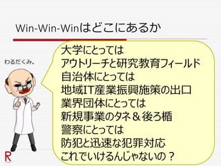 Win-Win-Winはどこにあるか
大学にとっては
アウトリーチと研究教育フィールド
自治体にとっては
地域IT産業振興施策の出口
業界団体にとっては
新規事業のタネ＆後ろ楯
警察にとっては
防犯と迅速な犯罪対応
これでいけるんじゃないの？
わるだくみ。
 