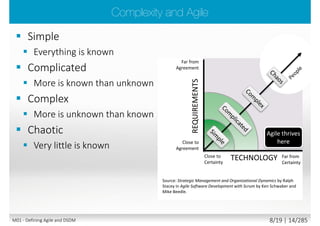  Approaches typically call for a significant
amount of formality and detail
 Big Design Up Front (BDUF)
 Requirements are captured in a formal set
of documents which follow standardized
templates
 This may be preceded by a number of
detailed requirements related documents,
built with increasing levels of detail,
including a high level vision and low level
functional requirements documents
 Relevant stakeholders must generally
formally approve each of these documents
before work begins
Sequential /
cascade / waterfall
M01 - Defining Agile and DSDM 7/23 | 14/290
 