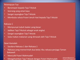 Perempuan Tua
• Bersimpati kepada Taju’l Muluk
• Seorang yang amat kaya
• Sangat sayangkan Taju’l Muluk
• Membuka rahsia Puteri Jenuh Hati kepada Taju’l Muluk

Raksasa 1
• Mempunyai tubuh badan yang besar
• Jadikan Taju’l Muluk sebagai anak angkat
• Sangat sayangkan Taju’l Muluk
• Suka makan makanan yang dimasak oleh Taju’l Muluk

Dewi Hamalah
• Saudara Raksasa 1 dan Raksasa 2
• Raksasa yang memerintah dua belas ribu raksasa penjaga Taman
  Bakawali
• Menculik Puteri Mahmudah
                                                           jahirjowan@gmail.com
• Mengahwinkan Taju’l Muluk dengan Puteri Mahmudah         cikgubmupsi.blogspot.com
 