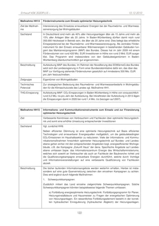 Entwurf KSK 2020PLUS –                                                                             10.12.2010

Maßnahme HH14      Förderinstrumente zum Einsatz optimierter Heizungstechnik

Ziel der Maßnah-   Intensivierung des Einsatzes erneuerbarer Energien bei der Raumwärme- und Warmwas-
me                 serversorgung bei Wohngebäuden

Sachstand          In Deutschland sind mehr als 40% aller Heizungsanlagen älter als 15 Jahre und mehr als
                   15% aller Anlagen älter als 20 Jahre. In Baden-Württemberg dürften damit noch rund
                   350.000 Heizkessel in Betrieb sein, die älter als 20 Jahre sind. Dies belegt das erhebliche
                   Einsparpotenzial bei der Raumwärme- und Warmwassererzeugung. Als zentrales Förder-
                   instrument für den Einsatz erneuerbarer Wärmeenergien in bestehenden Gebäuden fun-
                   giert das Marktanreizprogramm (MAP) des Bundes. Dieses hat im Jahr 2009 mit einem
                   Fördervolumen von rund 420 Mio. EUR Investitionen in Höhe von rund 3 Mrd. EUR ausge-
                   löst. Das Programm wird insbesondere von den Gebäudeeigentümern in Baden-
                   Württemberg überdurchschnittlich gut angenommen.

Beschreibung       Aufstockung MAP des Bundes. Im Rahmen der Novellierung des EEWärmeG des Bundes
                   setzt sich die Landesregierung in Form einer Bundesratsinitiative dafür ein, das über das
                   MAP zur Verfügung stehende Fördervolumen gesetzlich auf mindestens 500 Mio. EUR
                   pro Jahr festzuschreiben.

Zielgruppe         Eigentümer von Wohngebäuden

Technisches        Zur strategischen Bedeutung des Raumwärme- und Warmwasserbedarfs in Wohngebäu-
Potenzial          den für die Klimaschutzziele des Landes vgl. Maßnahme HH1.

THG-Einsparung     Aufstockung MAP: CO2-Einsparungen in Baden-Württemberg in Höhe von voraussichtlich
                   rund 0,2 Mio. t/a pro Jahr der Aufstockung. Bei Inkrafttreten der Aufstockung in 2013 lägen
                   die Einsparungen damit in 2020 bei rund 1,4 Mio. t/a (bezogen auf 2007).



Maßnahme HH15      Informations- und Kommunikationsinstrumente zum Einsatz und zur Finanzierung
                   optimierter Heizungstechnik

Ziel               Verbesserte Kenntnisse von Verbrauchern und Fachleuten über optimierte Heizungstech-
                   nik und somit eine erhöhte Umsetzung entsprechender Investitionen

Sachstand          Vgl. zunächst HH9.

                   Neben effizienter Dämmung ist eine optimierte Heizungstechnik auf Basis effizienter
                   Technologien und erneuerbarer Energiequellen maßgeblich, um die gebäudebedingten
                   CO2-Emissionen im Haushaltssektor zu reduzieren. Viele der Informations- und Kommu-
                   nikationsmaßnahmen hinsichtlich optimierter Heizungstechnik auf Bundes- und Landes-
                   ebene gehen einher mit den entsprechenden Angeboten bzgl. energieeffizienter Wohnge-
                   bäude, z.B. die Kampagne „Zukunft Haus“ der dena. Spezifische Angebote auf Landes-
                   ebene umfassen bspw. das Informationszentrum Energie des Wirtschaftsministeriums,
                   welches sich sowohl an Verbraucher als auch an Fachleute der Baubranche richtet und
                   die Qualifizierungskampagne erneuerbare Energien durchführt, welche durch Vorträge
                   und Informationsveranstaltungen auf eine verbesserte Qualifizierung von Fachleuten
                   abzielt.

Beschreibung       Die bisher laufenden Informationsangebote werden weiterhin erhalten. Hierbei ist insbe-
                   sondere auf eine gute Quervernetzung zwischen den einzelnen Kampagnen zu achten.
                   Dies wird ergänzt durch folgende Maßnahmen:

                   1.   Schwerpunktkampagnen:

                   Zusätzlich initiiert das Land einzelne zielgerichtete Schwerpunktkampagnen. Solche
                   Schwerpunktkampagnen könnten beispielsweise folgende Themen umfassen:

                        a) Fortbildung energieoptimierte Heizungstechnik: Fortbildungsprogramm für Planer,
                        Heizungsinstallateure und Hausmeister zu Fragen der energetischen Optimierung
                        von Heizungsanlagen. Ein wesentliches Fortbildungselement besteht in der korrek-
                        ten hydraulischen Einregulierung (hydraulischer Abgleich) der Heizungsanlagen.



                                                   122
 