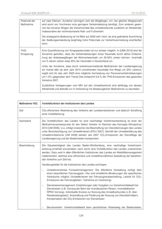 Entwurf KSK 2020PLUS –                                                                          10.12.2010

 Potenzial der   auf zwei Ebenen: Zunächst verringern sich die Weglängen, d.h. bei gleicher Wegeanzahl
 Maßnahme        wird somit von Vornherein eine geringere Verkehrsleistung benötigt. Zum anderen gewin-
                 nen bei kürzeren Wegen die Verkehrsmittel des Umweltverbunds zusätzlich an Attraktivität,
                 insbesondere der nichtmotorisierte Rad- und Fußverkehr.

                 Die strategische Bedeutung ist mit Blick auf 2050 sehr hoch, da eine geänderte Ausrichtung
                 der Siedlungsentwicklung langfristig hohe Potenziale zur Verkehrsvermeidung erschließen
                 kann.

 THG-            Eine Quantifizierung von Einsparpotenzialen ist nur schwer möglich. In [UBA 2010] wird die
 Einsparung      Annahme getroffen, dass die Verkehrsleistungen eines Haushalts durch aktive Einbezie-
                 hung der Arbeitsweglängen bei Wohnortwechseln um 20-50% sinken können. Innerhalb
                 von 5 Jahren ziehen etwa 30% der Haushalte in Deutschland um.

                 Unter der Annahme, dass durch verkehrsvermeidende Maßnahmen der Landesregierung
                 ein Viertel aller ab dem Jahr 2015 umziehenden Haushalte ihre Wege um 20% verkürzt,
                 ergibt sich für das Jahr 2020 eine mögliche Vermeidung von Personenverkehrsleistungen
                 um 1,5% (gegenüber dem Trend) Das entspricht 0,9 % der THG-Emissionen des gesamten
                 Verkehrs 2007.

                 Zusätzliche Verlagerungen vom MIV auf den Umweltverbund sind abhängig von dessen
                 Attraktivität und deshalb nur in Verbindung mit diesbezüglichen Maßnahmen zu beurteilen.




Maßnahme VE2     Vorbildfunktion der Institutionen des Landes

Ziel             CO2-effizientere Abwicklung des Verkehrs der Landesinstitutionen und dadurch Schaffung
                 einer Vorbildwirkung

Sachstand        Die Vorbildfunktion des Landes für eine nachhaltige Verkehrsentwicklung ist einer der
                 Maßnahmenschwerpunkte für den Sektor Verkehr im Rahmen des Konzepts Klimaschutz
                 2010 [UM 2005]. U.a. erfolgt inzwischen die Beschaffung von Dienstfahrzeugen des Landes
                 unter Berücksichtigung von Umweltkriterien [IFEU 2007]. Gemäß der Umwelterklärung des
                 Umweltministeriums [UM 2009] werden seit 2007 CO2-Emissionen der Dienstflüge der
                 Landesregierung und der Bediensteten kompensiert.

Beschreibung     Die Glaubwürdigkeit des Landes Baden-Württemberg, eine nachhaltige Verkehrsent-
                 wicklung ernsthaft anzustreben, kann durch eine Vorbildfunktion des Landes unterstrichen
                 werden. Dazu wird in allen öffentlichen Institutionen des Landes ein Mobilitätsmanagement
                 implementiert, welches eine effizientere und umweltfreundlichere Gestaltung der bestehen-
                 den Verkehre zum Ziel hat.

                 Handlungsfelder für die Institutionen des Landes sind bspw.:

                 −   Umweltorientiertes Fuhrparkmanagement: Die öffentliche Verwaltung verfügt über
                     einen beachtlichen Fahrzeugpark. Hier sind erhebliche Minderungen der spezifischen
                     Verbräuche möglich (Umweltkriterien bei Fahrzeugneubeschaffung, Leitziel für CO2-
                     Emissionen der Fahrzeugflotten, Teilnahme an Carsharing).

                 −   Dienstreisenmanagement: Empfehlungen oder Vorgaben zur Verkehrsmittelwahl bei
                     Dienstreisen (z.B. Vorrang der Bahn bei innerdeutschen Reisen, innerstädtischer
                     ÖPNV-Vorrang). Individuelle Anreize zur Nutzung des Umweltverbundes (z.B. über
                     Reisekostengesetz), Anschaffung und Förderung der Nutzung von Dienstfahrrädern,
                     Kompensation der CO2-Emissionen von Dienstreisen


                 −   Berufsverkehr: Verkehrsmittelwahl beim persönlichen Arbeitsweg der Bediensteten,


                                                  139
 
