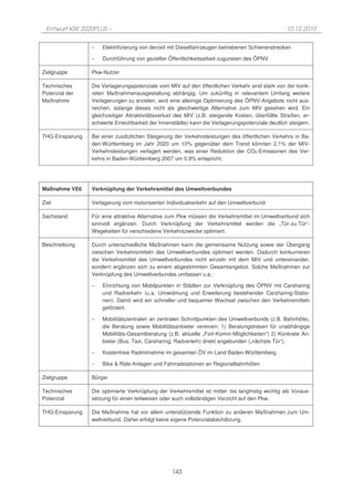 Entwurf KSK 2020PLUS –                                                                             10.12.2010


                 −   Elektrifizierung von derzeit mit Dieselfahrzeugen betriebenen Schienenstrecken

                 −   Durchführung von gezielter Öffentlichkeitsarbeit zugunsten des ÖPNV

Zielgruppe       Pkw-Nutzer

Technisches      Die Verlagerungspotenziale vom MIV auf den öffentlichen Verkehr sind stark von der konk-
Potenzial der    reten Maßnahmenausgestaltung abhängig. Um zukünftig in relevantem Umfang weitere
Maßnahme         Verlagerungen zu erzielen, wird eine alleinige Optimierung des ÖPNV-Angebots nicht aus-
                 reichen, solange dieses nicht als gleichwertige Alternative zum MIV gesehen wird. Ein
                 gleichzeitiger Attraktivitätsverlust des MIV (z.B. steigende Kosten, überfüllte Straßen, er-
                 schwerte Erreichbarkeit der Innenstädte) kann die Verlagerungspotenziale deutlich steigern.

THG-Einsparung   Bei einer zusätzlichen Steigerung der Verkehrsleistungen des öffentlichen Verkehrs in Ba-
                 den-Württemberg im Jahr 2020 um 10% gegenüber dem Trend könnten 2,1% der MIV-
                 Verkehrsleistungen verlagert werden, was einer Reduktion der CO2-Emissionen des Ver-
                 kehrs in Baden-Württemberg 2007 um 0,9% entspricht.




Maßnahme VE6     Verknüpfung der Verkehrsmittel des Umweltverbundes

Ziel             Verlagerung vom motorisierten Individualverkehr auf den Umweltverbund

Sachstand        Für eine attraktive Alternative zum Pkw müssen die Verkehrsmittel im Umweltverbund sich
                 sinnvoll ergänzen. Durch Verknüpfung der Verkehrsmittel werden die „Tür-zu-Tür“-
                 Wegeketten für verschiedene Verkehrszwecke optimiert.

Beschreibung     Durch unterschiedliche Maßnahmen kann die gemeinsame Nutzung sowie der Übergang
                 zwischen Verkehrsmitteln des Umweltverbundes optimiert werden. Dadurch konkurrieren
                 die Verkehrsmittel des Umweltverbundes nicht einzeln mit dem MIV und untereinander,
                 sondern ergänzen sich zu einem abgestimmten Gesamtangebot. Solche Maßnahmen zur
                 Verknüpfung des Umweltverbundes umfassen u.a.:

                 −   Einrichtung von Mobilpunkten in Städten zur Verknüpfung des ÖPNV mit Carsharing
                     und Radverkehr (u.a. Umwidmung und Erweiterung bestehender Carsharing-Statio-
                     nen). Damit wird ein schneller und bequemer Wechsel zwischen den Verkehrsmitteln
                     gefördert.

                 −   Mobilitätszentralen an zentralen Schnittpunkten des Umweltverbunds (z.B. Bahnhöfe),
                     die Beratung sowie Mobilitätsanbieter vereinen: 1) Beratungstresen für unabhängige
                     Mobilitäts-Gesamtberatung (z.B. aktuelle „Fort-Komm-Möglichkeiten“) 2) Konkrete An-
                     bieter (Bus, Taxi, Carsharing, Radverleih) direkt angebunden („nächste Tür“).

                 −   Kostenfreie Radmitnahme im gesamten ÖV im Land Baden-Württemberg

                 −   Bike & Ride-Anlagen und Fahrradstationen an Regionalbahnhöfen

Zielgruppe       Bürger

Technisches      Die optimierte Verknüpfung der Verkehrsmittel ist mittel- bis langfristig wichtig als Voraus-
Potenzial        setzung für einen teilweisen oder auch vollständigen Verzicht auf den Pkw.

THG-Einsparung   Die Maßnahme hat vor allem unterstützende Funktion zu anderen Maßnahmen zum Um-
                 weltverbund. Daher erfolgt keine eigene Potenzialabschätzung.




                                                   143
 