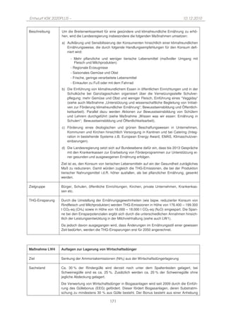 Entwurf KSK 2020PLUS –                                                                          10.12.2010


Beschreibung     Um die Breitenwirksamkeit für eine gesündere und klimafreundliche Ernährung zu erhö-
                 hen, wird die Landesregierung insbesondere die folgenden Maßnahmen umsetzen:
                 a) Aufklärung und Sensibilisierung der Konsumenten hinsichtlich einer klimafreundlichen
                    Ernährungsweise, die durch folgende Handlungsempfehlungen für den Konsum defi-
                    niert wird:
                       - Mehr pflanzliche und weniger tierische Lebensmittel (maßvoller Umgang mit
                          Fleisch und Milchprodukten)
                       - Regionale Erzeugnisse
                       - Saisonales Gemüse und Obst
                       - Frische, geringe verarbeitete Lebensmittel
                       - Einkaufen zu Fuß oder mit dem Fahrrad
                 b) Die Einführung von klimafreundlichem Essen in öffentlichen Einrichtungen und in der
                    Schulküche bei Ganztagsschulen organisiert über die Vernetzungsstelle Schulver-
                    pflegung: mehr Gemüse und Obst und weniger Fleisch, Einführung eines “Veggiday“
                    (siehe auch Maßnahme „Unterstützung und wissenschaftliche Begleitung von Initiati-
                    ven zur Förderung klimafreundlicher Ernährung“; Bewusstseinsbildung und Öffentlich-
                    keitsarbeit). Parallel dazu werden Aktionen zur Bewusstseinsbildung von Schülern
                    und Lehrern durchgeführt (siehe Maßnahme „Wissen was wir essen: Ernährung in
                    Schulen“; Bewusstseinsbildung und Öffentlichkeitsarbeit).
                 c) Förderung eines ökologischen und grünen Beschaffungswesen in Unternehmen,
                    Kommunen und Kirchen hinsichtlich Versorgung in Kantinen und bei Catering (Integ-
                    ration in bestehende Systeme z.B. European Energy Award, EMAS, Klimaschutzver-
                    einbarungen).
                 d) Die Landesregierung setzt sich auf Bundesebene dafür ein, dass bis 2013 Gespräche
                    mit den Krankenkassen zur Erarbeitung von Förderprogrammen zur Unterstützung ei-
                    ner gesunden und ausgewogenen Ernährung erfolgen.

                 Ziel ist es, den Konsum von tierischen Lebensmitteln auf ein der Gesundheit zuträgliches
                 Maß zu reduzieren. Damit würden zugleich die THG-Emissionen, die bei der Produktion
                 tierischer Nahrungsmittel i.d.R. höher ausfallen, als bei pflanzlicher Ernährung, gesenkt
                 werden.

Zielgruppe       Bürger, Schulen, öffentliche Einrichtungen, Kirchen, private Unternehmen, Krankenkas-
                 sen etc.

THG-Einsparung   Durch die Umstellung der Ernährungsgewohnheiten (wie bspw. reduzierter Konsum von
                 Rindfleisch und Milchprodukten) werden THG-Emissionen in Höhe von 176.400 – 199.300
                 t CO2-eq (CH4) sowie in Höhe von 16.000 – 18.000 t CO2-eq (N2O) eingespart. Die Span-
                 ne bei den Einsparpotenzialen ergibt sich durch die unterschiedlichen Annahmen hinsich-
                 tlich der Leistungsentwicklung in der Milchviehhaltung (siehe auch LW1).
                 Da jedoch davon ausgegangen wird, dass Änderungen im Ernährungsstil einer gewissen
                 Zeit bedürfen, werden die THG-Einsparungen erst für 2050 angerechnet.




Maßnahme LW4     Auflagen zur Lagerung von Wirtschaftsdünger

Ziel             Senkung der Ammoniakemissionen (NH3) aus der Wirtschaftsdüngerlagerung

Sachstand        Ca. 30 % der Rindergülle wird derzeit noch unter dem Spaltenboden gelagert, bei
                 Schweinegülle sind es ca. 25 %. Zusätzlich werden ca. 20 % der Schweinegülle ohne
                 jegliche Abdeckung gelagert.
                 Die Verwertung von Wirtschaftsdünger in Biogasanlagen wird seit 2009 durch die Einfüh-
                 rung des Güllebonus (EEG) gefördert. Dieser fördert Biogasanlagen, deren Substratmi-
                 schung zu mindestens 30 % aus Gülle besteht. Der Bonus besteht aus einer Anhebung

                                                171
 
