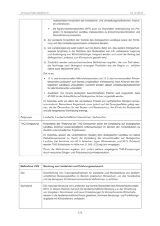 Entwurf KSK 2020PLUS –                                                                            10.12.2010

                           insbesondere hinsichtlich der Investitions- und Umstellungsmaßnahmen, finanzi-
                           ell unterstützen.

                      •    die Agrarinvestitionsbeihilfen (AFP) auch zur finanziellen Unterstützung von Pro-
                           jekten im ökologischen Landbau insbesondere zu Einkommenskombination und
                           Diversifizierung einsetzen.

                 b) die Landwirte hinsichtlich der Vorteile des ökologischen Landbaus sowie der Förde-
                    rung und des Umstellungsprozesses umfassend beraten.
                 c) Die Landesregierung setzt zudem auf EU-Ebene dafür ein, das weitere Klimaschutz-
                    aspekte langfristig in die Richtlinie des Ökolandbau wie z.B. verbesserte Lagerung
                    und Ausbringung von Wirtschaftsdünger integriert werden und somit der Beitrag des
                    ökologischen Landbaus zum Klimaschutz gestärkt wird.

                 d) Zusätzlich werden verbraucherorientierte Maßnahmen ergriffen, die zum Ziel haben,
                    die Nachfrage nach ökologisch erzeugten Produkten aus der Region zu erhöhen
                    (siehe auch Maßnahme LW3).
                 Ziel ist es,

                 •   15 % des konventionellen Milchviehbestandes und 15 % des konventionellen Rinder-
                     bestandes (zusätzlich zum bereits umgestellten Viehbestand) nach Kriterien des öko-
                     logischen Landbaus umzustellen. Generell werden jedoch Umstellungsmaßnahmen
                     für alle Nutztierarten unterstützt.

                 •   Zusätzlich (zur bereits ökologisch bewirtschafteten Fläche) wird angestrebt, dass
                     45.000 ha der Anbaufläche auf ökologischen Anbau umgestellt werden.

                 Im Ackerbau wirkt vor allem der vermiedene Einsatz von synthetischen Düngern emissi-
                 onsmindernd. Besonderes Augenmerk muss jedoch auf die Synergieeffekte gelegt wer-
                 den, die der Ökolandbau für den Boden- und Wasserschutz, den Erhalt der Biodiversität
                 und die tiergerechte Viehhaltung erbringt.

Zielgruppe       Landwirte, Landwirtschaftliche Unternehmen, Verbraucher

THG-Einsparung   Hinsichtlich der Änderung der THG-Emissionen durch die Umstellung auf ökologischen
                 Landbau kommen wissenschaftliche Untersuchungen im Bereich der Tierproduktion zu
                 deutlich unterschiedlichen Ergebnissen.
                 Im Ackerbau weisen die verschiedenen Studien dem ökologischen Landbau ein klares
                 Reduktionspotenzial zu. Durch die Umstellung der konventionellen auf ökologischen
                 Landbau (bei Annahme von 40 % Ackerbau, bspw. Winterweizen, und 60 % Grünland)
                 werden THG-Emissionen in Höhe von 21.000 t CO2-eq/Jahr eingespart.
                 Durch die Maßnahmen ergeben sich zudem weitere vorgelagerte THG-Einsparungen
                 durch reduzierte Dünger- und Pflanzenschutzmittelproduktion.




Maßnahme LW6     Beratung von Landwirten und Erfahrungsaustausch

Ziel             Durchführung von Trainingsmaßnahmen für Landwirte und Weiterbildung von landwirt-
                 schaftlichen Beratungskräften im Bereich praktischer Klimaschutz, um das Verständnis
                 und die Akzeptanz für klimaschutzorientierte Maßnahmen zu erhöhen.

Sachstand        Die regionale Beratung von Landwirten war bereits Bestandteil des Klimaschutzkonzepts
                 2010. In diesem Rahmen hat sich die landwirtschaftliche Beratung u.a. der Umsetzung
                 von Vorgaben, Kenntnissen und neuer Entwicklungen für klimaschonende Wirtschafts-
                 weisen in die landwirtschaftliche Praxis gewidmet. Konkrete Beratungs- und Fortbildungs-
                 angebote mit Klimarelevanz umfassen:




                                                  173
 