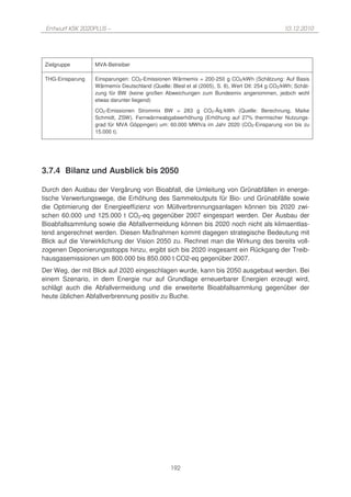 Entwurf KSK 2020PLUS –                                                                        10.12.2010




 Zielgruppe       MVA-Betreiber

 THG-Einsparung   Einsparungen: CO2-Emissionen Wärmemix = 200-250 g CO2/kWh (Schätzung: Auf Basis
                  Wärmemix Deutschland (Quelle: Blesl et al (2005), S. 8), Wert Dtl: 254 g CO2/kWh; Schät-
                  zung für BW (keine großen Abweichungen zum Bundesmix angenommen, jedoch wohl
                  etwas darunter liegend)
                  CO2-Emissionen Strommix BW = 283 g CO2-Äq./kWh (Quelle: Berechnung, Maike
                  Schmidt, ZSW). Fernwärmeabgabeerhöhung (Erhöhung auf 27% thermischer Nutzungs-
                  grad für MVA Göppingen) um: 60.000 MWh/a im Jahr 2020 (CO2-Einsparung von bis zu
                  15.000 t).




3.7.4 Bilanz und Ausblick bis 2050

Durch den Ausbau der Vergärung von Bioabfall, die Umleitung von Grünabfällen in energe-
tische Verwertungswege, die Erhöhung des Sammeloutputs für Bio- und Grünabfälle sowie
die Optimierung der Energieeffizienz von Müllverbrennungsanlagen können bis 2020 zwi-
schen 60.000 und 125.000 t CO2-eq gegenüber 2007 eingespart werden. Der Ausbau der
Bioabfallsammlung sowie die Abfallvermeidung können bis 2020 noch nicht als klimaentlas-
tend angerechnet werden. Diesen Maßnahmen kommt dagegen strategische Bedeutung mit
Blick auf die Verwirklichung der Vision 2050 zu. Rechnet man die Wirkung des bereits voll-
zogenen Deponierungsstopps hinzu, ergibt sich bis 2020 insgesamt ein Rückgang der Treib-
hausgasemissionen um 800.000 bis 850.000 t CO2-eq gegenüber 2007.
Der Weg, der mit Blick auf 2020 eingeschlagen wurde, kann bis 2050 ausgebaut werden. Bei
einem Szenario, in dem Energie nur auf Grundlage erneuerbarer Energien erzeugt wird,
schlägt auch die Abfallvermeidung und die erweiterte Bioabfallsammlung gegenüber der
heute üblichen Abfallverbrennung positiv zu Buche.




                                                192
 