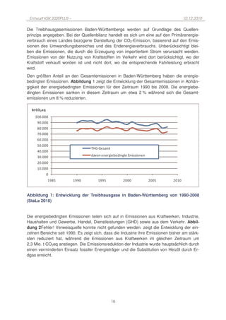 Entwurf KSK 2020PLUS –                                                             10.12.2010

Die Treibhausgasemissionen Baden-Württembergs werden auf Grundlage des Quellen-
prinzips angegeben. Bei der Quellenbilanz handelt es sich um eine auf den Primärenergie-
verbrauch eines Landes bezogene Darstellung der CO2-Emission, basierend auf den Emis-
sionen des Umwandlungsbereiches und des Endenergieverbrauchs. Unberücksichtigt blei-
ben die Emissionen, die durch die Erzeugung von importiertem Strom verursacht werden.
Emissionen von der Nutzung von Kraftstoffen im Verkehr wird dort berücksichtigt, wo der
Kraftstoff verkauft worden ist und nicht dort, wo die entsprechende Fahrleistung erbracht
wird.
Den größten Anteil an den Gesamtemissionen in Baden-Württemberg haben die energie-
bedingten Emissionen. Abbildung 1 zeigt die Entwicklung der Gesamtemissionen in Abhän-
gigkeit der energiebedingten Emissionen für den Zeitraum 1990 bis 2008. Die energiebe-
dingten Emissionen sanken in diesem Zeitraum um etwa 2 % während sich die Gesamt-
emissionen um 8 % reduzierten.




Abbildung 1: Entwicklung der Treibhausgase in Baden-Württemberg von 1990-2008
(StaLa 2010)


Die energiebedingten Emissionen teilen sich auf in Emissionen aus Kraftwerken, Industrie,
Haushalten und Gewerbe, Handel, Dienstleistungen (GHD) sowie aus dem Verkehr. Abbil-
dung 2Fehler! Verweisquelle konnte nicht gefunden werden. zeigt die Entwicklung der ein-
zelnen Bereiche seit 1990. Es zeigt sich, dass die Industrie ihre Emissionen bisher am stärk-
sten reduziert hat, während die Emissionen aus Kraftwerken im gleichen Zeitraum um
2,3 Mio. t CO2eq anstiegen. Die Emissionsreduktion der Industrie wurde hauptsächlich durch
einen verminderten Einsatz fossiler Energieträger und die Substitution von Heizöl durch Er-
dgas erreicht.




                                             16
 