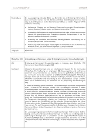 Entwurf KSK 2020PLUS –                                                                          10.12.2010




Beschreibung    Die Landesregierung unterstützt Städte und Gemeinden bei der Erstellung und Fortschrei-
                bung kommunaler Energie- und CO2-Bilanzen. Ziel ist es, dass 2015 jede Kommune in der
                Lage ist, durch Eingabe von lokalen Daten eine eigene Bilanz zu erstellen. Folgende Schritte
                sind hierfür notwendig:

                a.   Verbesserte Erfassung von und besserer Zugang zu kommunalen Klimaschutzdaten,
                     insbesondere durch Klärung kosten- und datenschutzrechtlicher Fragen;

                b.   Entwicklung einer einheitlichen Bilanzierungssystematik sowie einheitlicher Emissions-
                     faktoren für Baden-Württemberg, Entwicklung passender Eingangsdaten für die Ver-
                     wendung des Bilanzierungstools Eco2Regio;

                c.   Aufklärung und Information der Kommunen über Möglichkeiten zur Erfassung und Bi-
                     lanzierung kommunaler Klimaschutzdaten;

                d.   Fortführung und Ausweitung der Förderung für die Teilnahme am eea im Rahmen von
                     Klimaschutz-Plus, das auch Bilanzierungstool ECO2Regio verwendet.

Zielgruppe      Kommunen




Maßnahme KK3    Unterstützung der Kommunen bei der Erstellung kommunaler Klimaschutzkonzepte

Ziel            Erstellung von kommunalen Klimaschutzkonzepten in mindestens zwei Drittel aller 1.101
                Kommunen in Baden-Württemberg bis 2020

Sachstand       Integrierte Klimaschutzkonzepte sind ein entscheidender Baustein für den kommunalen
                Klimaschutz. Die Festlegung von langfristigen CO2-Minderungszielen und -maßnahmen
                spielt nicht nur auf internationaler und nationaler Ebene eine große Rolle, sondern ist auch
                auf kommunaler Ebene das Fundament für ambitionierte Klimaschutzpolitik. Klimaschutz-
                konzepte decken alle klimarelevanten Sektoren wie Energie, Verkehr, Bauen und Planen,
                öffentliche Liegenschaften und Beschaffung ab. Eine fortschreibbare Energie- und CO2-
                Bilanz erlaubt die Identifizierung von Potentialen und die Überwachung des Umsetzungser-
                folgs.
                In Baden-Württemberg spielen kommunale Klimaschutzkonzepte bisher eine untergeordnete
                Rolle. Laut einer kürzlich erfolgten Umfrage unter 132 befragten Kommunen in Baden-
                Württemberg haben nur 35 Kommunen ein solches Konzept erarbeitet, vier weitere Konzep-
                te sind in Planung. Als Hemmnis werden fehlende finanzielle und personelle Ressourcen
                genannt. Allerdings bieten bereits verschiedene regionale Akteure wie die KEA, das LUBW-
                Agenda Büro, der Städtetag Baden-Württemberg und das Ministerium für Umwelt, Natur-
                schutz und Verkehr sowie das Wirtschaftsministerium Baden-Württemberg Unterstützung an.
                Die Teilnahme an überregionalen Initiativen und Programmen für Kommunen wie dem Co-
                venant of Mayors, dem Klima-Bündnis und der nationalen Klimaschutzinitiative sind mit der
                Erstellung kommunaler Konzepte verknüpft. Gleichzeitig stellen diese Initiativen auch Know-
                How und zum Teil auch Finanzzuschüsse für die Erstellung von Konzepten bereit. Kleinere
                Kommunen können darüber hinaus durch den Zusammenschluss mit anderen Kommunen
                die Kosten senken.

                Die Landesregierung setzt sich im Rahmen des Energiekonzepts 2020 bereits für die Erar-
                beitung kommunaler und regionaler Energiekonzepte ein. Sie hat sich zum Ziel gesetzt, die
                Verbreitung die Konzepte aktiv zu unterstützen und für ausgewählte Modellkonzepte die
                Funktion des Multiplikators zu übernehmen. Energiekonzepte sind aber immer nur ein Teil
                umfassender kommunaler Klimaschutzbemühungen, die einer integrierten Planung bedür-
                fen.




                                                 201
 