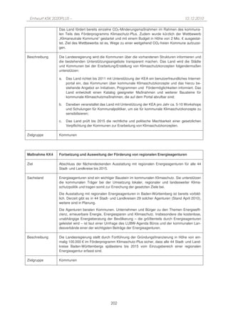 Entwurf KSK 2020PLUS –                                                                         10.12.2010

                Das Land fördert bereits einzelne CO2-Minderungsmaßnahmen im Rahmen des kommuna-
                len Teils des Förderprogramms Klimaschutz-Plus. Zudem wurde kürzlich der Wettbewerb
                „Klimaneutrale Kommune“ gestartet und mit einem Budget in Höhe von 2 Mio. € ausgestat-
                tet. Ziel des Wettbewerbs ist es, Wege zu einer weitgehend CO2-freien Kommune aufzuzei-
                gen.

Beschreibung    Die Landesregierung wird die Kommunen über die vorhandenen Strukturen informieren und
                die bestehenden Unterstützungsangebote transparent machen. Das Land wird die Städte
                und Kommunen bei der Erarbeitung/Erstellung von Klimaschutzkonzepten folgendermaßen
                unterstützen:

                a.   Das Land richtet bis 2011 mit Unterstützung der KEA ein benutzerfreundliches Internet-
                     portal ein, das Kommunen über kommunale Klimaschutzkonzepte und das hierzu be-
                     stehende Angebot an Initiativen, Programmen und Fördermöglichkeiten informiert. Das
                     Land entwickelt einen Katalog geeigneter Maßnahmen und weiterer Bausteine für
                     kommunale Klimaschutzmaßnahmen, die auf dem Portal abrufbar sind;

                b.   Daneben veranstaltet das Land mit Unterstützung der KEA pro Jahr ca. 5-10 Workshops
                     und Schulungen für Kommunalpolitiker, um sie für kommunale Klimaschutzkonzepte zu
                     sensibilisieren;

                c.   Das Land prüft bis 2015 die rechtliche und politische Machbarkeit einer gesetzlichen
                     Verpflichtung der Kommunen zur Erarbeitung von Klimaschutzkonzepten.

Zielgruppe      Kommunen




Maßnahme KK4    Fortsetzung und Ausweitung der Förderung von regionalen Energieagenturen

Ziel            Abschluss der flächendeckenden Ausstattung mit regionalen Energieagenturen für alle 44
                Stadt- und Landkreise bis 2015.

Sachstand       Energieagenturen sind ein wichtiger Baustein im kommunalen Klimaschutz. Sie unterstützen
                die kommunalen Träger bei der Umsetzung lokaler, regionaler und landesweiter Klima-
                schutzpolitik und tragen somit zur Erreichung der gesetzten Ziele bei.
                Die Ausstattung mit regionalen Energieagenturen in Baden-Württemberg ist bereits vorbild-
                lich. Derzeit gibt es in 44 Stadt- und Landkreisen 29 solcher Agenturen (Stand April 2010),
                weitere sind in Planung.
                Die Agenturen beraten Kommunen, Unternehmen und Bürger zu den Themen Energieeffi-
                zienz, erneuerbare Energie, Energiesparen und Klimaschutz. Insbesondere die kostenlose,
                unabhängige Energieberatung der Bevölkerung – die größtenteils durch Energieagenturen
                geleistet wird – ist laut einer Umfrage des LUBW-Agenda Büros und der kommunalen Lan-
                desverbände einer der wichtigsten Beiträge der Energieagenturen.

Beschreibung    Die Landesregierung stellt durch Fortführung der Gründungsfinanzierung in Höhe von ein-
                malig 100.000 € im Förderprogramm Klimaschutz-Plus sicher, dass alle 44 Stadt- und Land-
                kreise Baden-Württembergs spätestens bis 2015 vom Einzugsbereich einer regionalen
                Energieagentur erfasst sind.

Zielgruppe      Kommunen




                                                 202
 