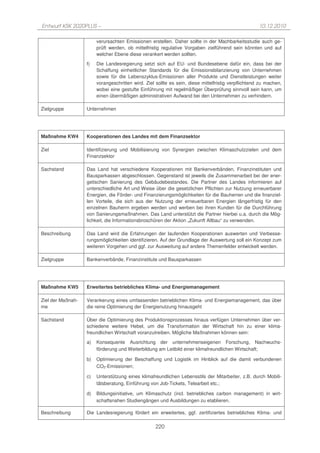Entwurf KSK 2020PLUS –                                                                               10.12.2010

                        verursachten Emissionen erstellen. Daher sollte in der Machbarkeitsstudie auch ge-
                        prüft werden, ob mittelfristig regulative Vorgaben zielführend sein könnten und auf
                        welcher Ebene diese verankert werden sollten.
                   f)   Die Landesregierung setzt sich auf EU- und Bundesebene dafür ein, dass bei der
                        Schaffung einheitlicher Standards für die Emissionsbilanzierung von Unternehmen
                        sowie für die Lebenszyklus-Emissionen aller Produkte und Dienstleistungen weiter
                        vorangeschritten wird. Ziel sollte es sein, diese mittelfristig verpflichtend zu machen,
                        wobei eine gestufte Einführung mit regelmäßiger Überprüfung sinnvoll sein kann, um
                        einen übermäßigen administrativen Aufwand bei den Unternehmen zu verhindern.

Zielgruppe         Unternehmen




Maßnahme KW4       Kooperationen des Landes mit dem Finanzsektor

Ziel               Identifizierung und Mobilisierung von Synergien zwischen Klimaschutzzielen und dem
                   Finanzsektor

Sachstand          Das Land hat verschiedene Kooperationen mit Bankenverbänden, Finanzinstituten und
                   Bausparkassen abgeschlossen. Gegenstand ist jeweils die Zusammenarbeit bei der ener-
                   getischen Sanierung des Gebäudebestandes. Die Partner des Landes informieren auf
                   unterschiedliche Art und Weise über die gesetzlichen Pflichten zur Nutzung erneuerbarer
                   Energien, die Förder- und Finanzierungsmöglichkeiten für die Bauherren und die finanziel-
                   len Vorteile, die sich aus der Nutzung der erneuerbaren Energien längerfristig für den
                   einzelnen Bauherrn ergeben werden und werben bei ihren Kunden für die Durchführung
                   von Sanierungsmaßnahmen. Das Land unterstützt die Partner hierbei u.a. durch die Mög-
                   lichkeit, die Informationsbroschüren der Aktion „Zukunft Altbau“ zu verwenden.

Beschreibung       Das Land wird die Erfahrungen der laufenden Kooperationen auswerten und Verbesse-
                   rungsmöglichkeiten identifizieren. Auf der Grundlage der Auswertung soll ein Konzept zum
                   weiteren Vorgehen und ggf. zur Ausweitung auf andere Themenfelder entwickelt werden.

Zielgruppe         Bankenverbände, Finanzinstitute und Bausparkassen




Maßnahme KW5       Erweitertes betriebliches Klima- und Energiemanagement

Ziel der Maßnah-   Verankerung eines umfassenden betrieblichen Klima- und Energiemanagement, das über
me                 die reine Optimierung der Energienutzung hinausgeht

Sachstand          Über die Optimierung des Produktionsprozesses hinaus verfügen Unternehmen über ver-
                   schiedene weitere Hebel, um die Transformation der Wirtschaft hin zu einer klima-
                   freundlichen Wirtschaft voranzutreiben. Mögliche Maßnahmen können sein:
                   a)   Konsequente Ausrichtung der unternehmenseigenen Forschung, Nachwuchs-
                        förderung und Weiterbildung am Leitbild einer klimafreundlichen Wirtschaft;

                   b)   Optimierung der Beschaffung und Logistik im Hinblick auf die damit verbundenen
                        CO2-Emissionen;

                   c)   Unterstützung eines klimafreundlichen Lebensstils der Mitarbeiter, z.B. durch Mobili-
                        tätsberatung, Einführung von Job-Tickets, Telearbeit etc.;

                   d)   Bildungsinitiative, um Klimaschutz (incl. betriebliches carbon management) in wirt-
                        schaftsnahen Studiengängen und Ausbildungen zu etablieren.

Beschreibung       Die Landesregierung fördert ein erweitertes, ggf. zertifiziertes betriebliches Klima- und

                                                    220
 