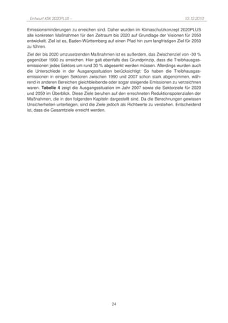 Entwurf KSK 2020PLUS –                                                             10.12.2010

Emissionsminderungen zu erreichen sind. Daher wurden im Klimaschutzkonzept 2020PLUS
alle konkreten Maßnahmen für den Zeitraum bis 2020 auf Grundlage der Visionen für 2050
entwickelt. Ziel ist es, Baden-Württemberg auf einen Pfad hin zum langfristigen Ziel für 2050
zu führen.
Ziel der bis 2020 umzusetzenden Maßnahmen ist es außerdem, das Zwischenziel von -30 %
gegenüber 1990 zu erreichen. Hier galt ebenfalls das Grundprinzip, dass die Treibhausgas-
emissionen jedes Sektors um rund 30 % abgesenkt werden müssen. Allerdings wurden auch
die Unterschiede in der Ausgangssituation berücksichtigt: So haben die Treibhausgas-
emissionen in einigen Sektoren zwischen 1990 und 2007 schon stark abgenommen, wäh-
rend in anderen Bereichen gleichbleibende oder sogar steigende Emissionen zu verzeichnen
waren. Tabelle 4 zeigt die Ausgangssituation im Jahr 2007 sowie die Sektorziele für 2020
und 2050 im Überblick. Diese Ziele beruhen auf den errechneten Reduktionspotenzialen der
Maßnahmen, die in den folgenden Kapiteln dargestellt sind. Da die Berechnungen gewissen
Unsicherheiten unterliegen, sind die Ziele jedoch als Richtwerte zu verstehen. Entscheidend
ist, dass die Gesamtziele erreicht werden.




                                             24
 