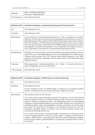 Entwurf KSK 2020PLUS –                                                                           10.12.2010

                 Aktiv: Land Baden-Württemberg.
Zielgruppe
                 Wirkung auf: Gebäudebesitzer.

THG-Einsparung   Siehe Maßnahme SE15.




Maßnahme SE18    Kraft-Wärme-Kopplung - Ausweitung Förderprogramm Klimaschutz-Plus

Ziel             Siehe Maßnahme SE15.

Sachstand        Siehe Maßnahme SE15.

Beschreibung     Für den Bereich der Kleinst-Blockheizkraftwerke bis 10 kWel und Objekte mit größeren
                 BHKW bis 100 kW el sollte die Ausweitung des Förderprogramms Klimaschutz-Plus auch für
                 Wohngebäude bis 50 kWel analog dem Mini-BHKW-Förderprogramm übernommen werden.
                 Sofern die Initiative zur Fortführung des Bundesprogramms (vergl. SE17) nicht zum Erfolg
                 führt, wird das Land prüfen, ob die Förderung für BHKW-Anlagen zur Beheizung von Nicht-
                 wohngebäuden auf größere Wohngebäude in sein Klimaschutz-Plus-Programm übernom-
                 men und die Mittel für das Programm an die Nachfrage anpasst werden können.

Maßnahmentyp     Schaffung von Anreizen (Förderung der Kleinst-BHKW und der Objektversorgung im Klima-
                 schutz-Plus auch im Wohngebäudebereich, wenn auf Bundesebene keine Fortführung der
                 Förderung erreicht werden kann. Die Förderung hatte erstmals Bewegung in den Markt
                 gebracht und Investitionen wirtschaftlich attraktiv werden lassen. Diese Entwicklung sollte
                 fortgeführt werden).

Zielgruppe       Wohnungswirtschaft, Dienstleistungsbetriebe (z.B. Hotels), Contracting-Unternehmen,
                 Industrie, Stadtwerke, kommunale Unternehmen

THG-Einsparung   Siehe Maßnahme SE15.




Maßnahme SE19    Kraft-Wärme-Kopplung – BHKW-Check und -Flotten-Contracting

Ziel             Siehe Maßnahme SE15.

Sachstand        Siehe Maßnahme SE15.
                 Für den verstärkten Einsatz von BHKW-Anlagen zur Beheizung von Gebäuden bestehen
                 sowohl im Vorfeld als auch auf die Umsetzung bezogen vielfache Hemmnisse.

Beschreibung     Das Vorgehen besteht aus zwei Schritten.
                 (a) Im ersten Schritt sollen potenziellen Investoren der Zugang zu und eine Entscheidung
                 über eine mögliche Investition in ein BHKW erleichtert werden. Dazu wird ein Instrument zur
                 einfachen Analyse der Energieverbrauchs- und Gebäudedaten sowie zur überschlägigen
                 Auslegung und Wirtschaftlichkeitsabschätzung eines BHKW („BHKW-Check“) entwickelt und
                 landesweit beworben. Dabei soll weitestgehend auf bereits vorhandene Instrumente aufge-
                 baut werden. Der Check soll für Interessenten in der Startphase kostenfrei sein. Nach der
                 Probephase soll geprüft werden, zu welchem Preis der Check angeboten werden kann,
                 ohne dass die Nachfrage deutlich sinkt.
                 (b) Im zweiten Schritt könnten Contracting-Lösungen für Abhilfe bei der Umsetzung sorgen.
                 Um den Transaktionsaufwand in Grenzen zu halten, sollten – ausgehend von den unter (a)
                 erstellten „BHKW-Checks“ – gleichartige Fälle identifiziert sowie weitestgehend standardi-
                 sierte Lösungen definiert („Standard-BHKW“) und gemeinsam umgesetzt werden („Flotten-
                 Contracting“).



                                                   40
 