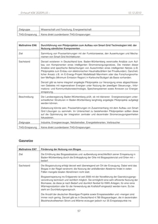 Entwurf KSK 2020PLUS –                                                                           10.12.2010




Zielgruppe       Wissenschaft und Forschung, Energiewirtschaft

THG-Einsparung   Keine direkt zuordenbaren THG-Einsparungen



Maßnahme EN6     Durchführung von Pilotprojekten zum Aufbau von Smart Grid Technologien inkl. der
                 Nutzung sämtlicher Komponenten

Ziel             Sammlung von Praxiserfahrungen mit der Funktionsweise, den Auswirkungen und Mecha-
                 nismen von Smart Grid Architekturen

Sachstand        Derzeit existieren in Deutschland bzw. Baden-Württemberg vereinzelte Ansätze zum Auf-
                 bau von Komponenten eines intelligenten Stromversorgungsnetzes. Die meisten dieser
                 Ansätze sind spezifische Betrachtungen von Ausschnitten eines intelligenten Netzes (z.B.
                 Pilotprojekte zum Einbau von elektronischen Haushaltszählern bei Privatkunden). Ganzheit-
                 licher Ansatz z.B. im E-Energy-Projekt Modellstadt Mannheim oder das Forschungsvorha-
                 ben MeRegio (Minimum Emission Region) in Karlsruhe/Stuttgart als Basis vorhanden.

                 Derzeit gibt es keine integriert angelegte Pilotprojekte zur Versorgung eines abgeschlosse-
                 nen Gebietes mit regenerativen Energien unter Nutzung der jeweiligen Steuerungs-, Infor-
                 mations- und Kommunikationstechnologie, Speichersystemen sowie Anreizen zur Energie-
                 einsparung.

Beschreibung     Die Landesregierung Baden-Württemberg prüft, ob mit kleineren Energieversorgern unter-
                 schiedlicher Strukturen in Baden-Württemberg langfristig angelegte Pilotprojekte aufgelegt
                 werden können.

                 Zielsetzung könnte sein, Praxiserfahrungen im Zusammenhang mit dem Aufbau von Smart
                 Grid Lösungen zu sammeln. Im Unterschied zu bestehenden Pilotprojekten sollten diese
                 auf die Optimierung der Integration zentraler und dezentraler Stromerzeugungseinheiten
                 fokussieren.

Zielgruppe       Industrie, Energieerzeuger, Netzbetreiber, Energielieferanten, Verbraucher

THG-Einsparung   Keine direkt zuordenbaren THG-Einsparungen




Gasnetze

Maßnahme EN7     Förderung der Nutzung von Biogas

Ziel             Die Erhöhung des Biogasabsatzes und -aufbereitung einschließlich seiner Einspeisung in
                 Baden-Württemberg durch die Entkopplung der Orte mit Biogaspotenzial und Orten mit –
                 bedarf.

Sachstand        Die Biogasnutzung erfolgt derzeit weit überwiegend am Ort der Erzeugung. Dabei wird das
                 Biogas in der Regel verstromt; die Nutzung der anbfallenden Abwärme findet in vielen
                 Fällen mangels lokalen Abnehmern nicht statt.

                 Biogaseinspeisung ins Erdgasnetz ist seit 2008 mit der Novellierung der Gasnetzzugangs-
                 verordnung technisch und rechtlich möglich. Sie ermöglicht eine sehr effiziente Nutzung der
                 Biomasse, da diese je nach Bedarf und räumlich flexibel für KWK-Anlagen, für eine reine
                 Wärmeproduktion oder für die Verwendung als Kraftstoff eingesetzt werden kann. Es be-
                 steht ein Durchleitungsanspruch.

                 Die Anzahl der deutschen Bioerdgas-Projekte sowie Einspeisestellen und –mengen sind
                 immer noch gering. Derzeit gibt es in Deutschland 4.780 Biogasanlagen, die in dezentralen
                 Blockheizkraftwerken Strom und Wärme erzeugen jedoch nur 35 Einspeisepunkte ins



                                                   57
 
