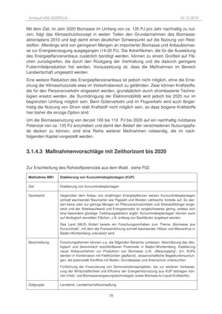 Entwurf KSK 2020PLUS –                                                                        10.12.2010

Mit dem Ziel, im Jahr 2020 Biomasse im Umfang von ca. 135 PJ pro Jahr nachhaltig zu nut-
zen, folgt das Klimaschutzkonzept in weiten Teilen den Grundannahmen des Biomasse-
aktionsplans 2010 und legt damit einen deutlichen Schwerpunkt auf die Nutzung von Rest-
stoffen. Allerdings wird von geringeren Mengen an importierter Biomasse und Anbaubiomas-
se zur Energieerzeugung ausgegangen (14-20 PJ). Die Ackerflächen, die für die Ausweitung
des Energiepflanzenanbaus zusätzlich benötigt werden, können zu einem Großteil auf Flä-
chen zurückgreifen, die durch den Rückgang der Viehhaltung und die dadurch geringere
Futtermittelproduktion frei werden. Voraussetzung ist, dass die Maßnahmen im Bereich
Landwirtschaft umgesetzt werden.
Eine weitere Reduktion des Energiepflanzenanbaus ist jedoch nicht möglich, ohne die Errei-
chung der Klimaschutzziele etwa im Verkehrsbereich zu gefährden. Zwar können Kraftstoffe,
die für den Personenverkehr eingesetzt werden, grundsätzlich durch strombasierte Techno-
logien ersetzt werden, die Durchdringung der Elektromobilität wird jedoch bis 2020 nur im
begrenzten Umfang möglich sein. Beim Güterverkehr und im Flugverkehr wird auch länger-
fristig die Nutzung von Strom statt Kraftstoff nicht möglich sein, so dass biogene Kraftstoffe
hier bisher die einzige Option sind.
Um die Biomassenutzung von derzeit 100 bis 110 PJ bis 2020 auf ein nachhaltig nutzbares
Potenzial von ca. 135 PJ anzuheben und damit den Bedarf der verschiedenen Nutzungspfa-
de decken zu können, sind eine Reihe weiterer Maßnahmen notwendig, die im nach-
folgenden Kapitel vorgestellt werden.


3.1.4.3 Maßnahmenvorschläge mit Zeithorizont bis 2020


Zur Erschließung des Rohstoffpotenzials aus dem Wald , siehe F02.

 Maßnahme BM1     Etablierung von Kurzumtriebsplantagen (KUP)

 Ziel             Etablierung von Kurzumtriebsplantagen

 Sachstand        Gegenüber dem Anbau von einjährigen Energiepflanzen weisen Kurzumtriebsplantagen
                  schnell wachsender Baumarten wie Pappeln und Weiden zahlreiche Vorteile auf. Es wer-
                  den keine oder nur geringe Mengen an Pflanzenschutzmitteln und Stickstoffdünger einge-
                  setzt und der Arbeitsaufwand und Energieeinsatz ist vergleichsweise gering, sodass sich
                  eine besonders günstige Treibhausgasbilanz ergibt. Kurzumtriebsplantagen können auch
                  auf ökologisch sensiblen Flächen, z.B. entlang von Bachläufen angebaut werden.
                  Das Land (MLR) fördert bereits ein Forschungsvorhaben zum Thema „Biomasse aus
                  Kurzumtrieb“, mit dem die Praxiseinführung schnell wachsender Hölzer und Miscanthus in
                  Baden-Württemberg unterstützt wird.

 Beschreibung     Forschungsthemen können u.a. die folgenden Bereiche umfassen: Abschätzung des öko-
                  logisch und ökonomisch erschließbaren Potenzials in Baden-Württemberg, Etablierung
                  neuer Anbauverfahren zur Produktion von Biomasse (z.B. „Alleycropping“, d.h. KUPs
                  werden in Kombination mit Feldfrüchten gepflanzt), wissenschaftliche Begleituntersuchun-
                  gen, die potenzielle Konflikte mit Boden, Grundwasser und Artenschutz untersuchen.
                  Fortführung der Finanzierung von Demonstrationsprojekten, die zur weiteren Verbesse-
                  rung der Wirtschaftlichkeit und Effizienz der Energieholznutzung aus KUP beitragen kön-
                  nen (Holz- und Biomassevergasungstechnologien sowie Biomass-to-Liquid-Kraftstoffe).

 Zielgruppe       Landwirte, Landwirtschaftsverwaltung


                                                 78
 
